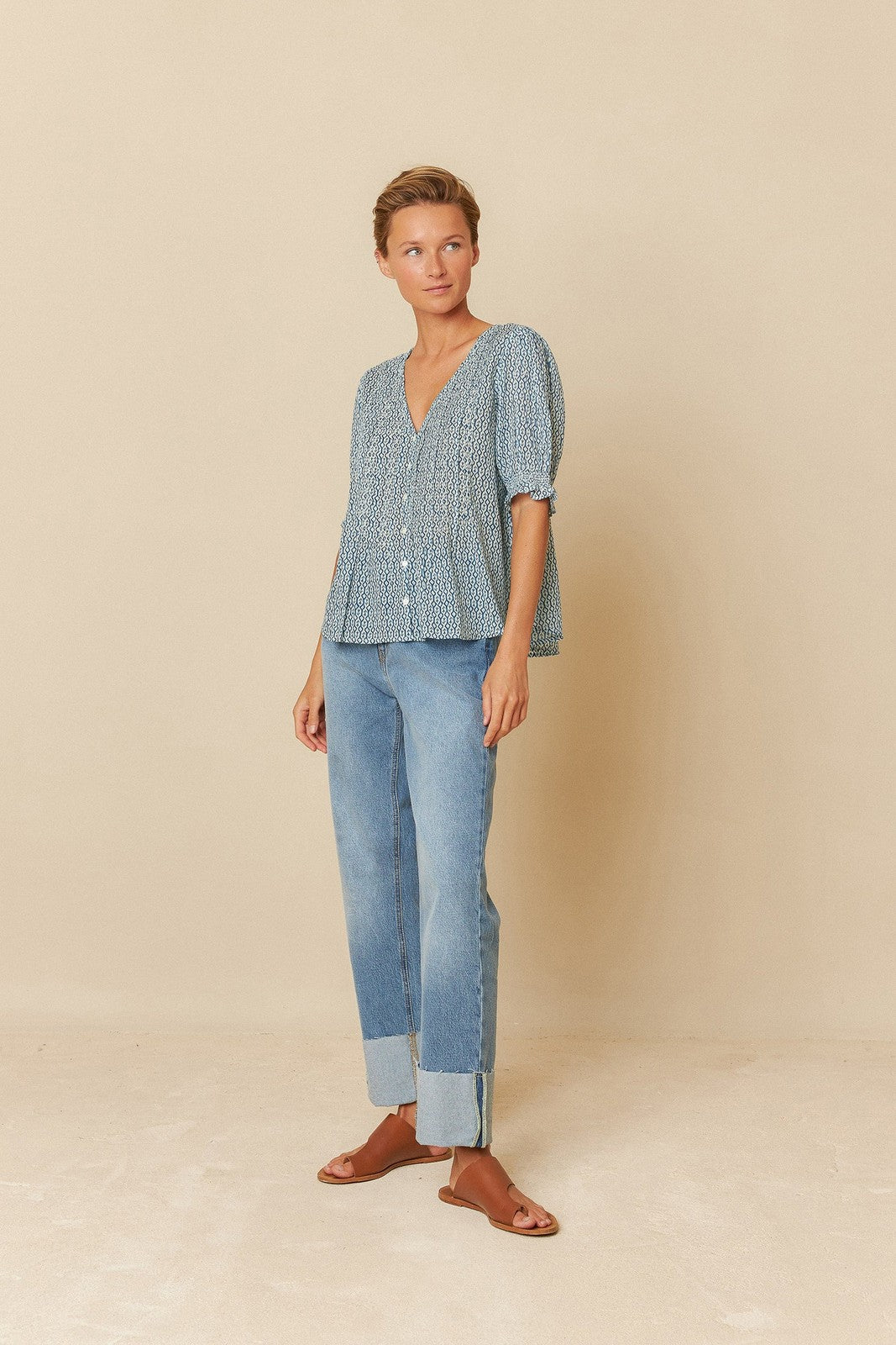 Indi & Cold BK171 Elastic Short Sleeve Shirt Indigo