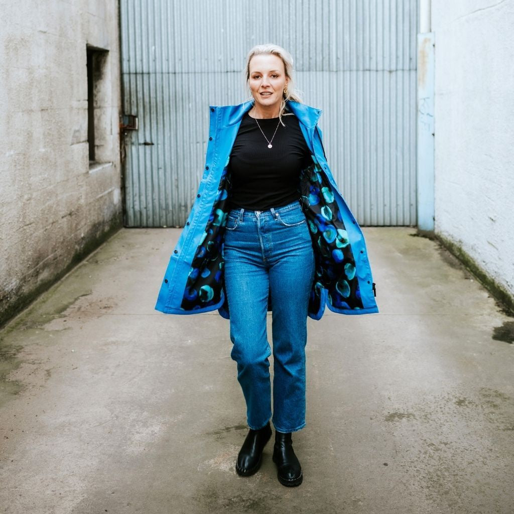 Moke Billie Raincoat Imperial Blue with Night Bloom Evie Kemp
