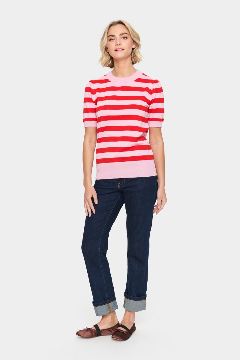 Saint Tropez Mila SS Block Stripe Pullover Pink Flame