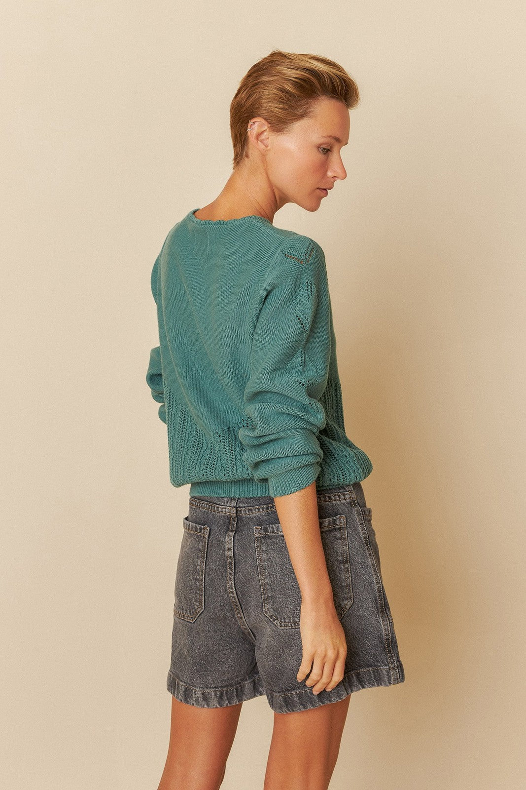 Indi & Cold RD149 Crochet Effect Sweater Emerald