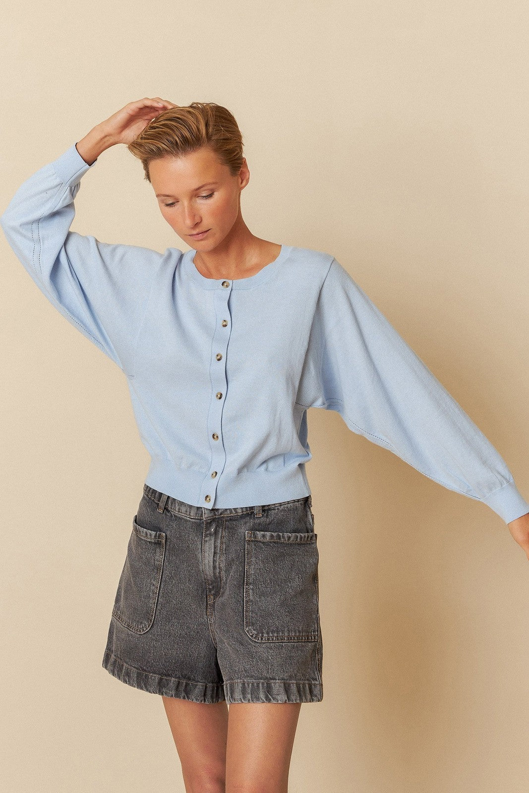 Indi & Cold TK471 Batwing Sleeve Knit Jacket Sky Blue Cielo