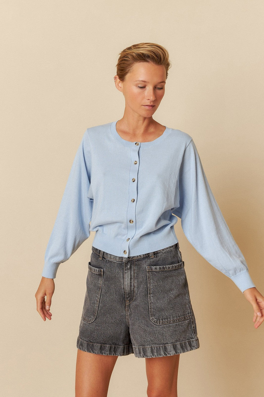 Indi & Cold TK471 Batwing Sleeve Knit Jacket Sky Blue Cielo