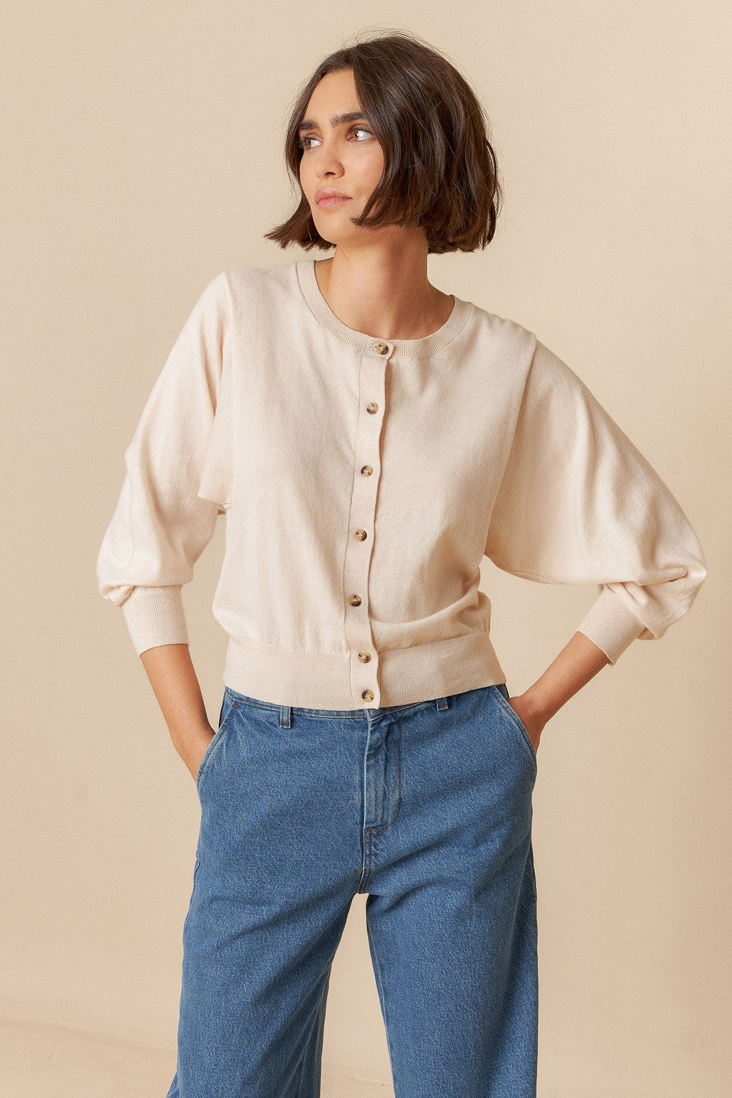 Indi & Cold TK471 Batwing Sleeve Knit Jacket Ecru Crudo