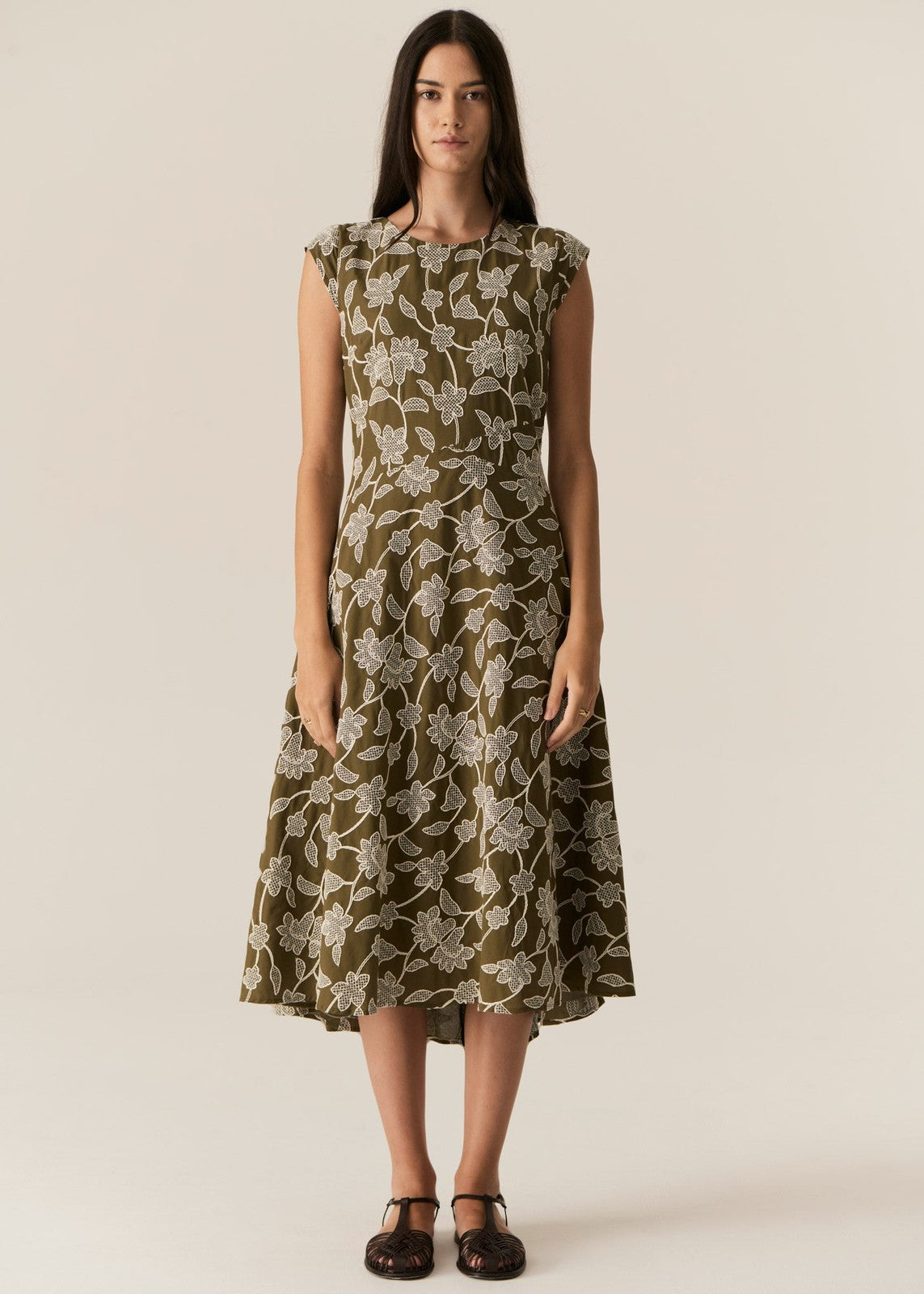 Pol Hugo Dress Khaki Embroidery