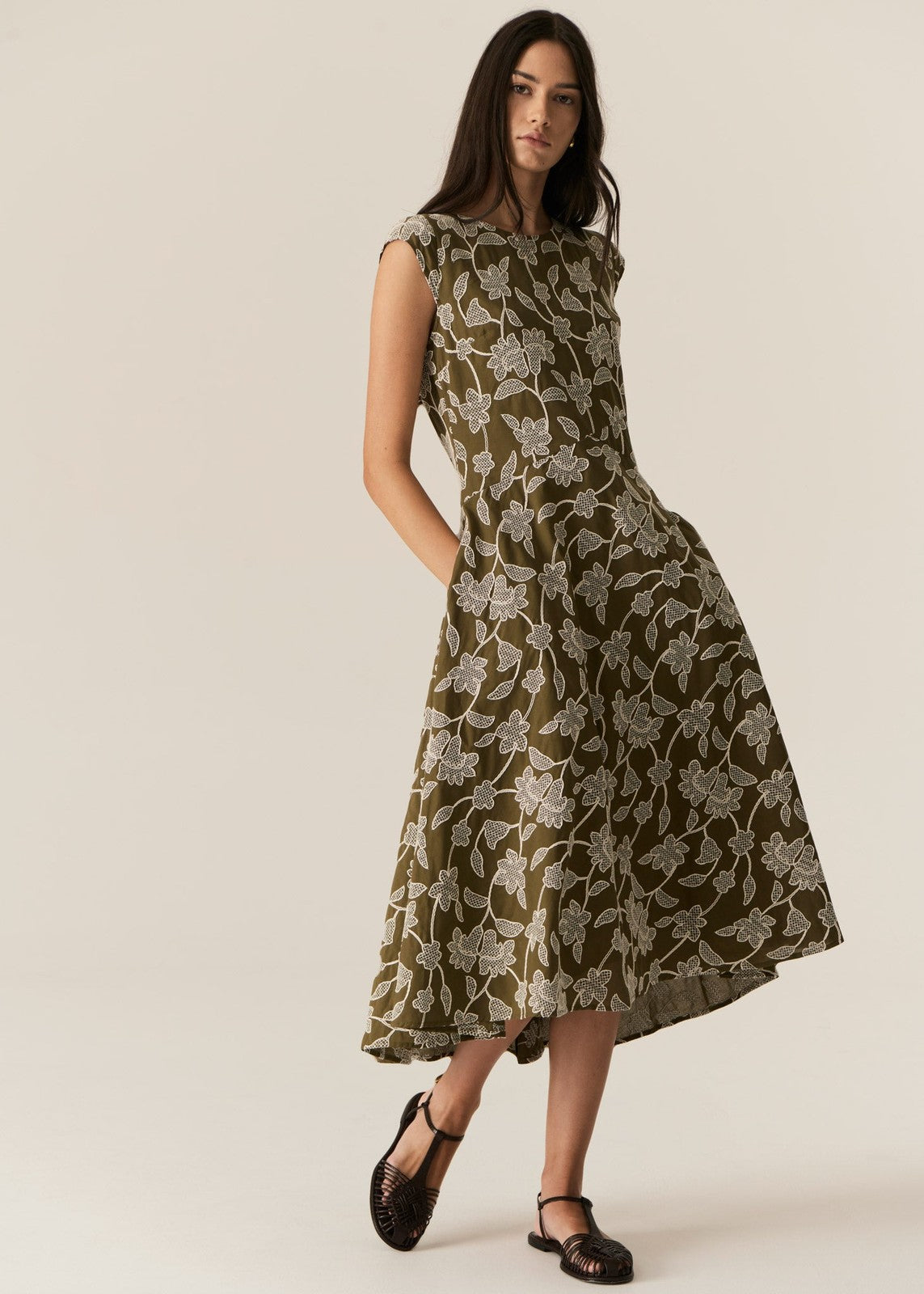 Pol Hugo Dress Khaki Embroidery
