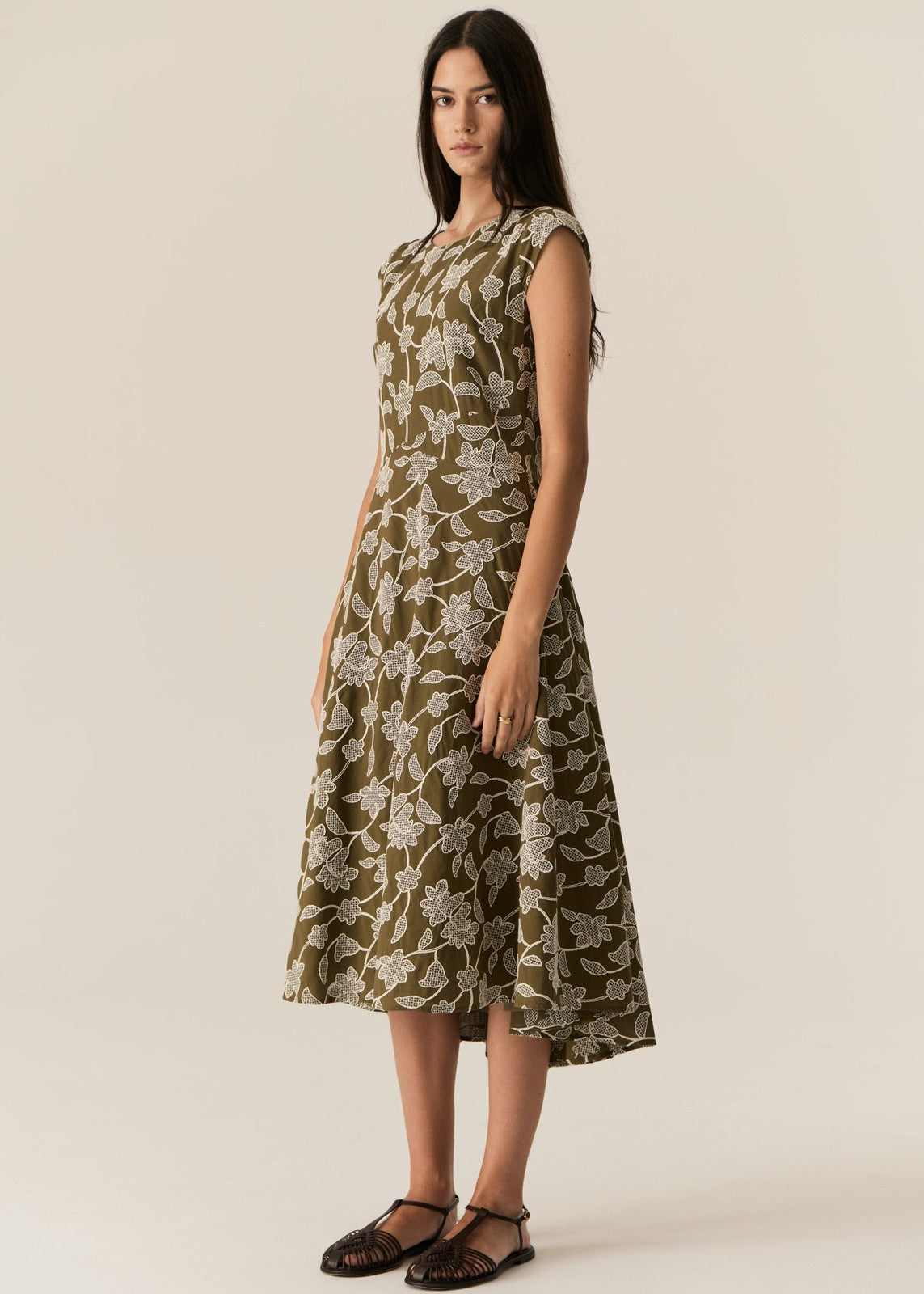 Pol Hugo Dress Khaki Embroidery
