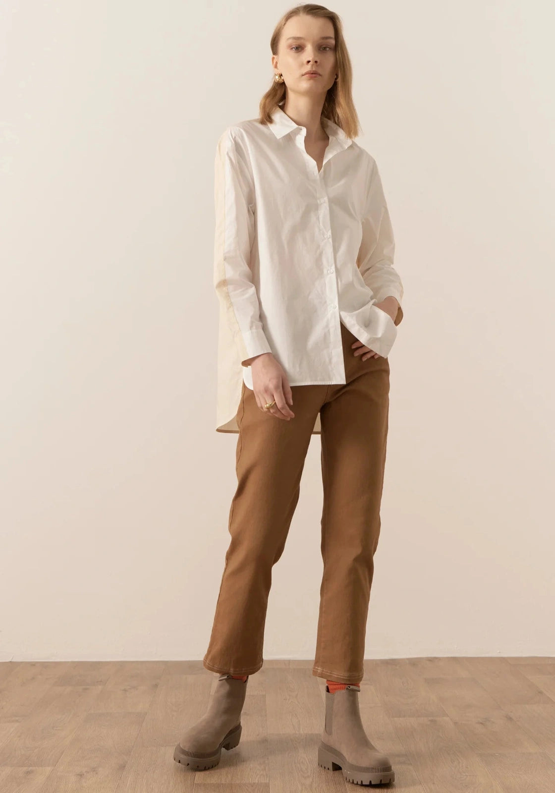 POL Eyre Contrast Back Shirt White/Pebble