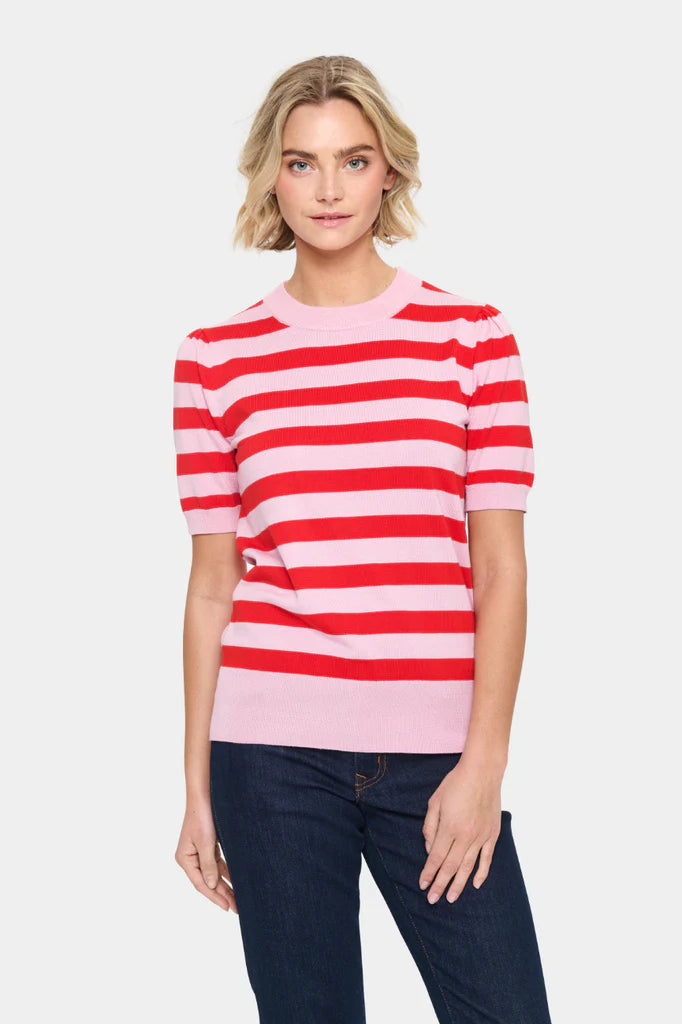 Saint Tropez Mila SS Block Stripe Pullover Pink Flame