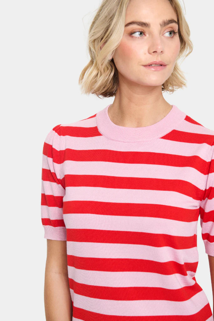 Saint Tropez Mila SS Block Stripe Pullover Pink Flame