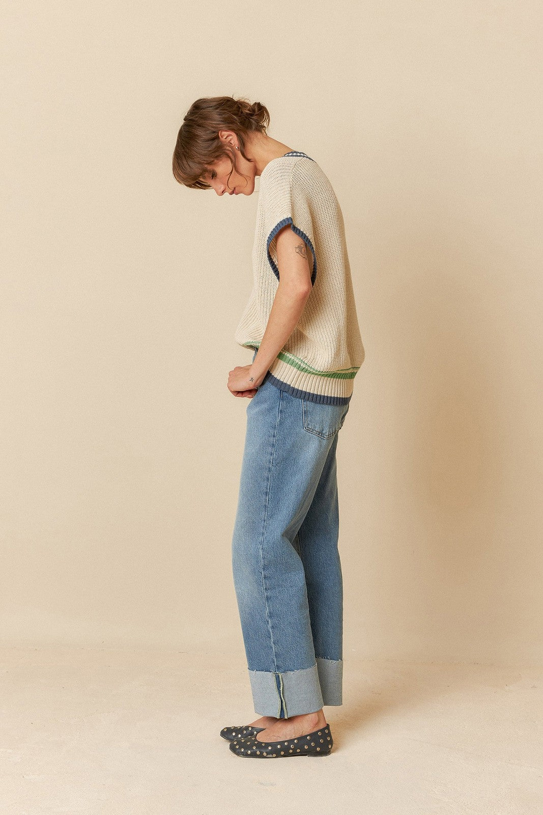 Indi & Cold AX135 Multicolor Border Vest Ecru