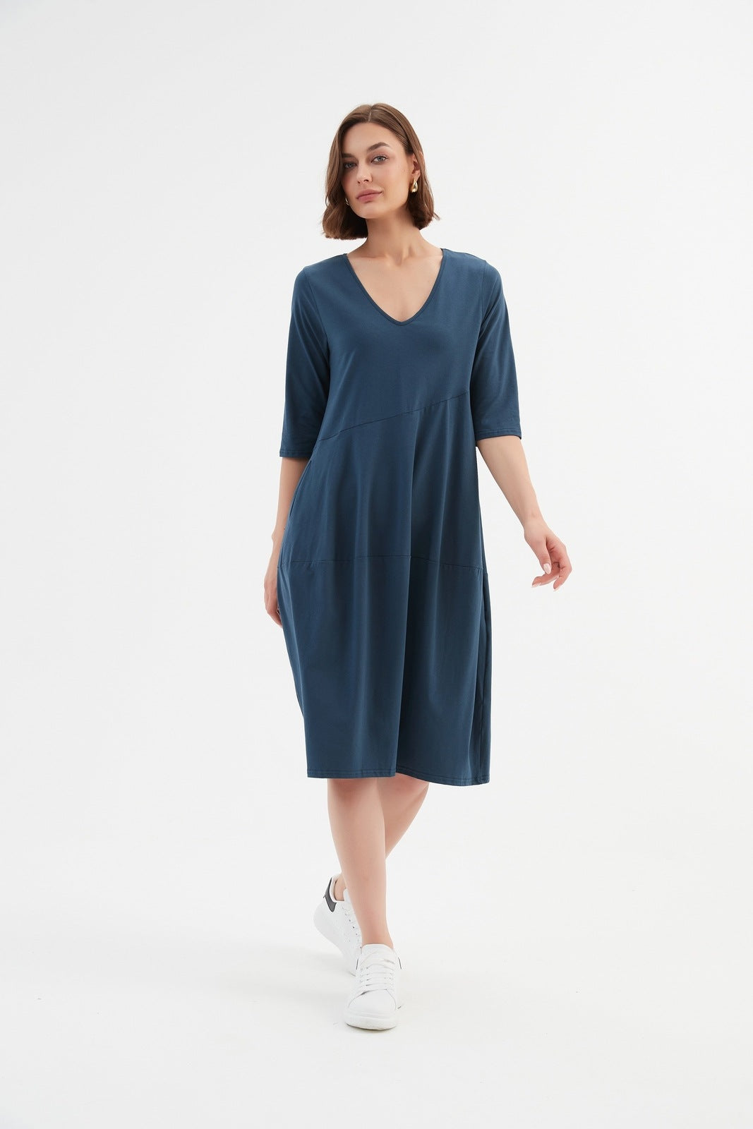 Tirelli V-Neck Diagonal Seam Dress Deep Teal