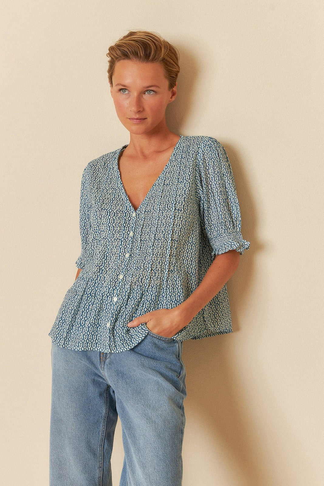 Indi & Cold BK171 Elastic Short Sleeve Shirt Indigo