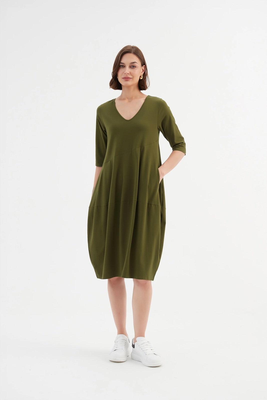 Tirelli V-Neck Diagonal Seam Dress Moss