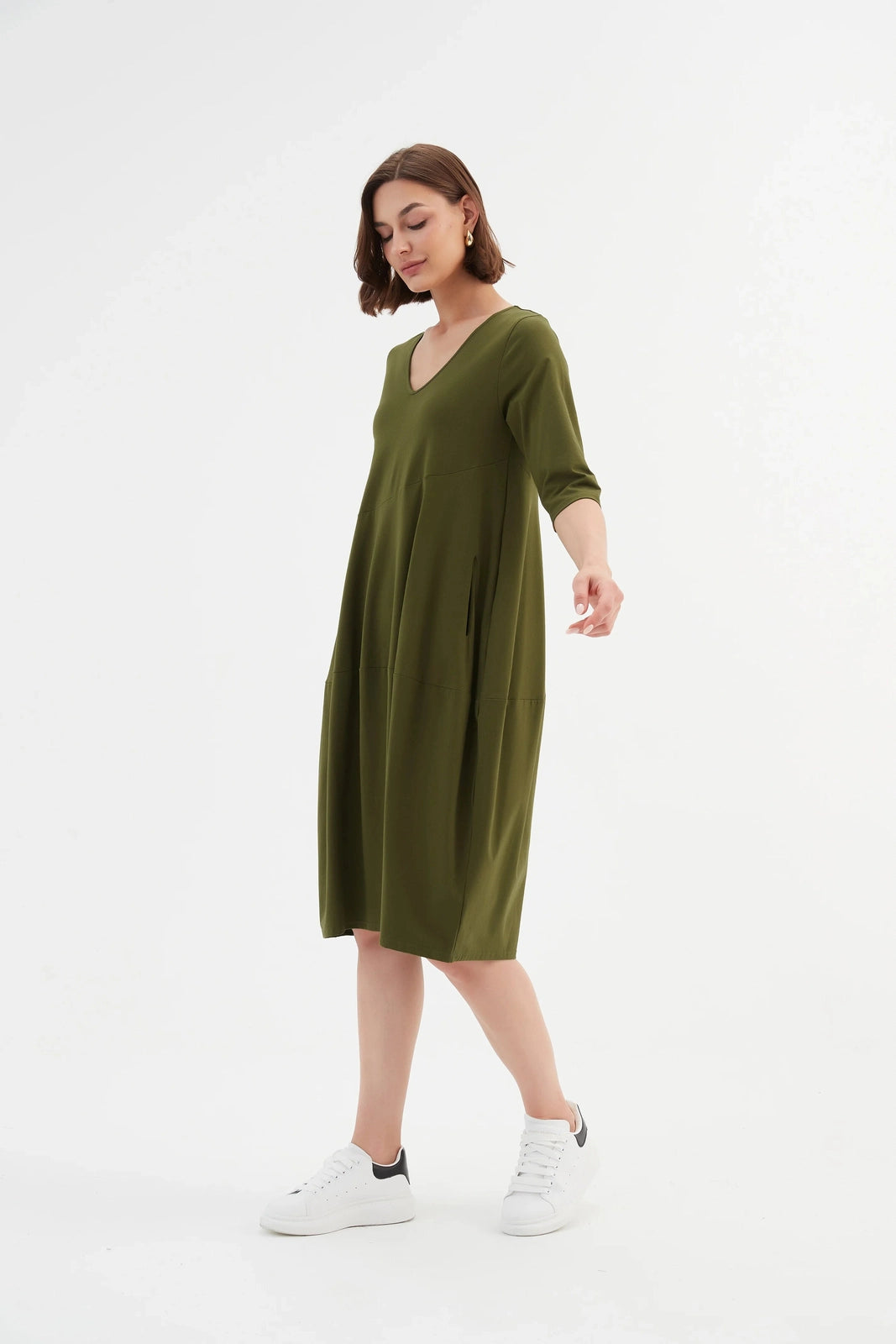 Tirelli V-Neck Diagonal Seam Dress Moss