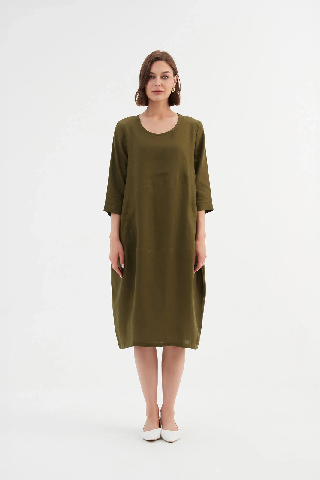 Tirelli Diagonal Seam Linen Dress Dark Moss