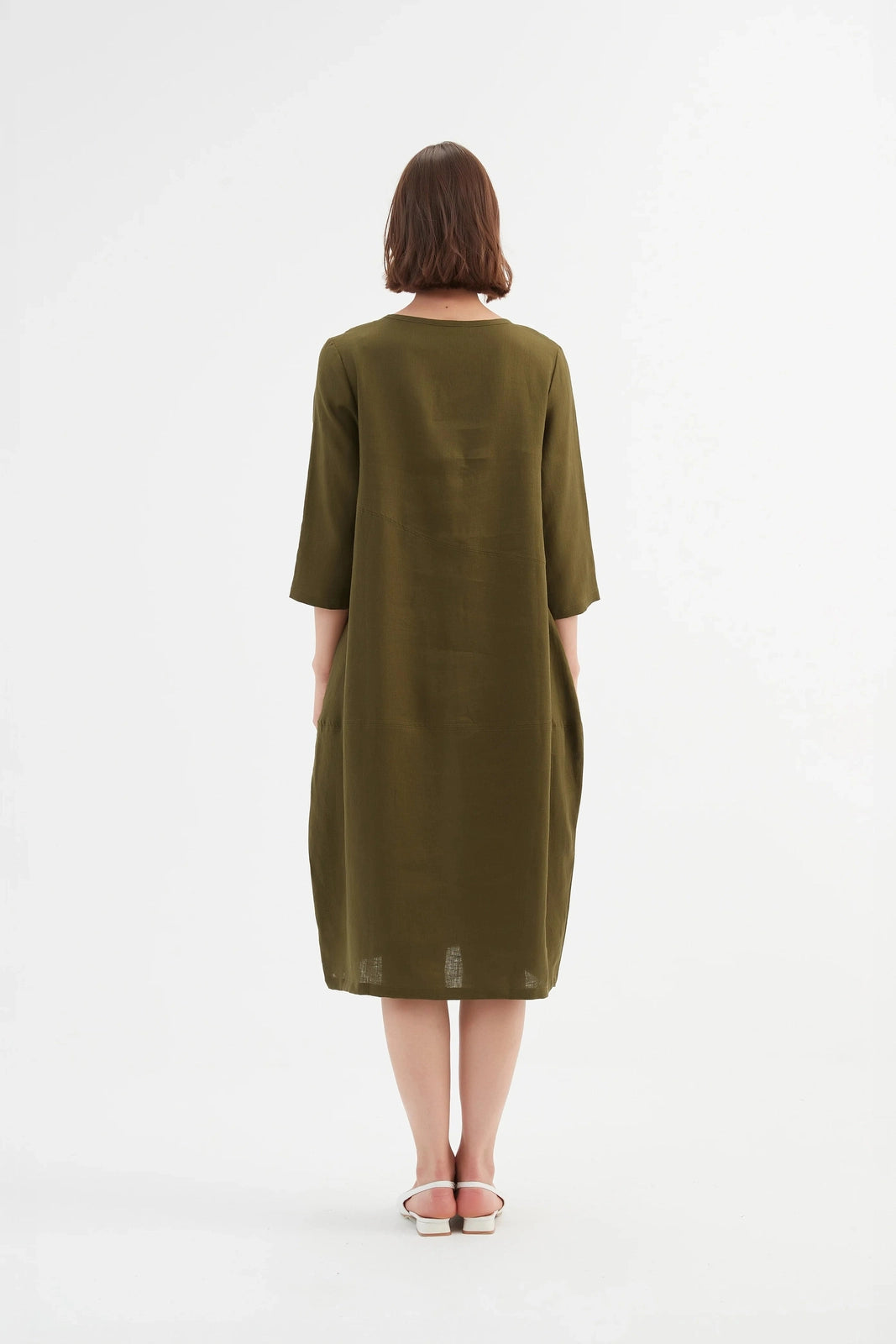 Tirelli Diagonal Seam Linen Dress Dark Moss