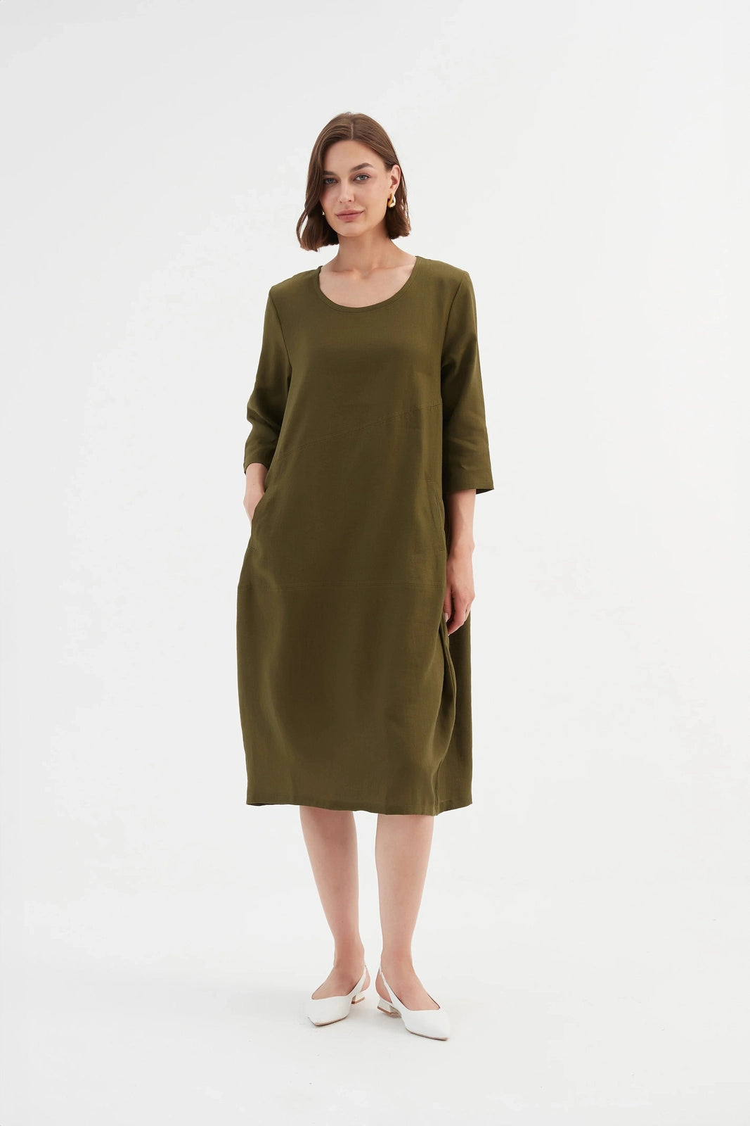 Tirelli Diagonal Seam Linen Dress Dark Moss