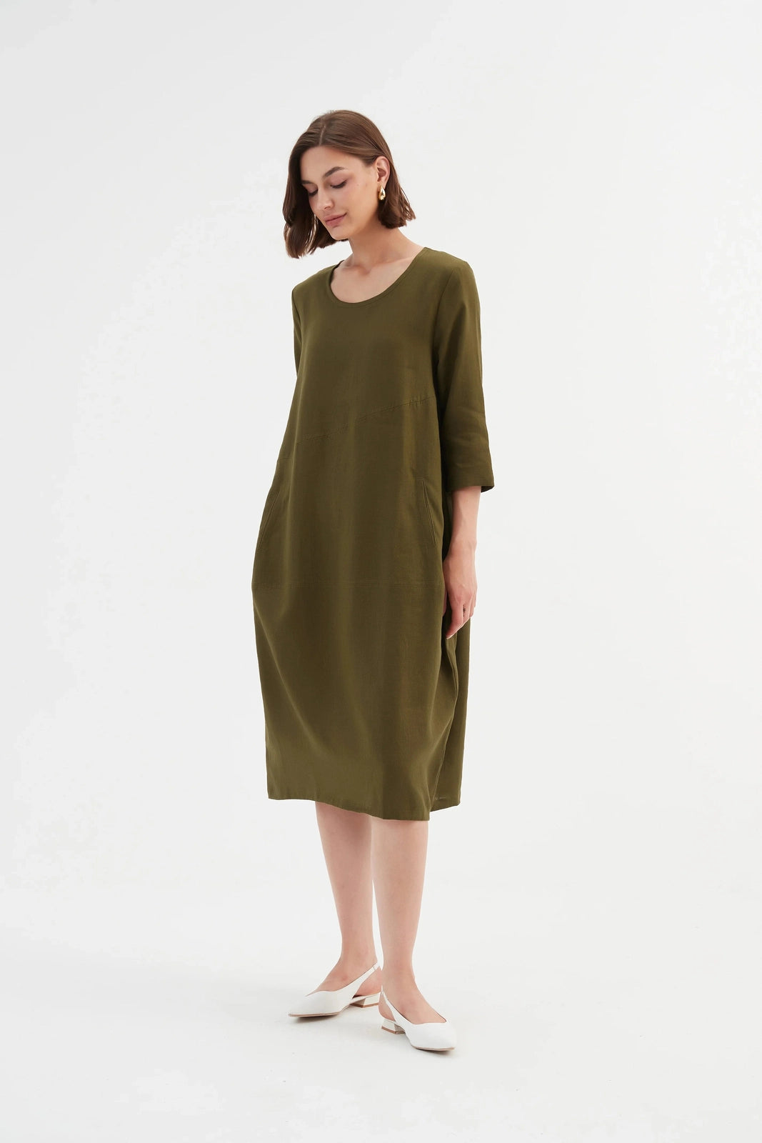 Tirelli Diagonal Seam Linen Dress Dark Moss