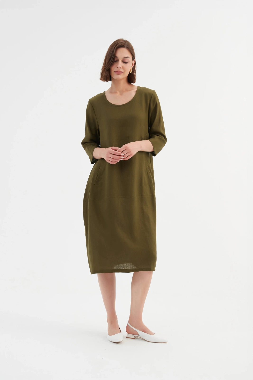 Tirelli Diagonal Seam Linen Dress Dark Moss