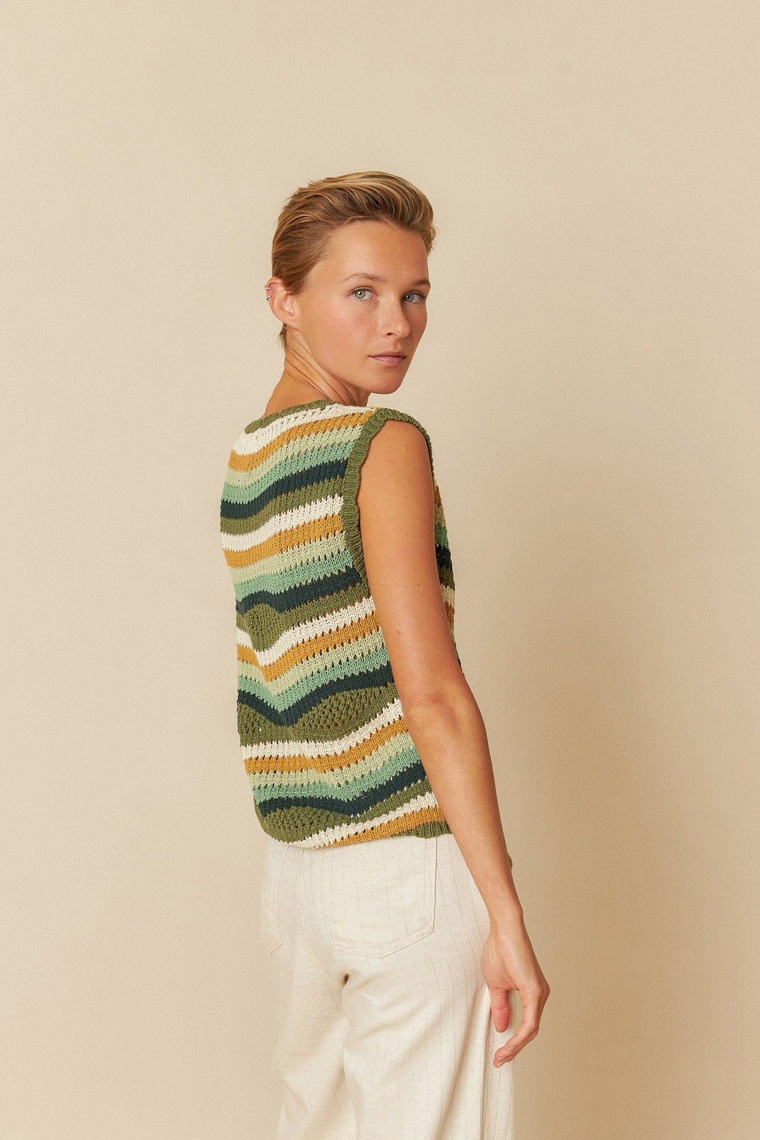 Indi & Cold EA108 Crochet Knit Vest Khaki