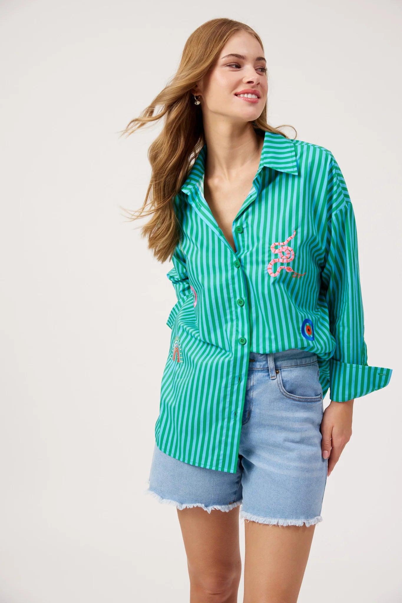 Haven Mykonos Embroidered Stripe Shirt Green