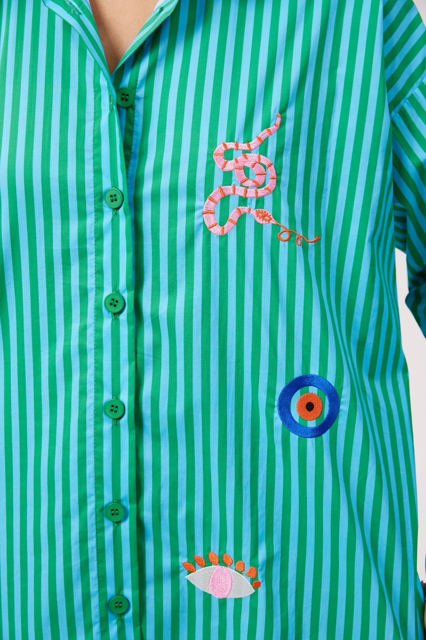 Haven Mykonos Embroidered Stripe Shirt Green