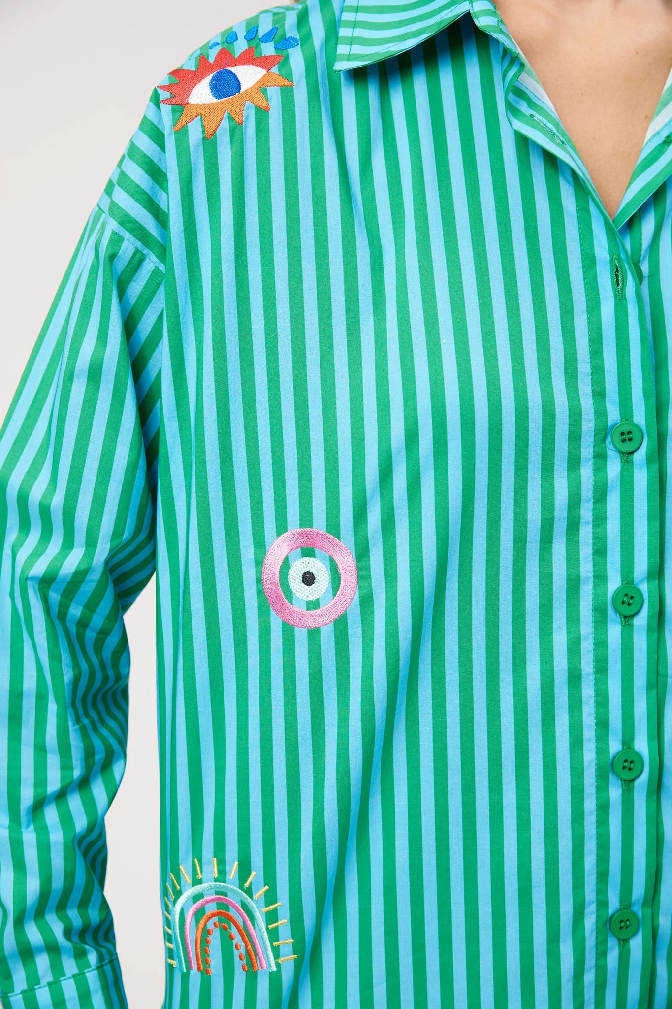 Haven Mykonos Embroidered Stripe Shirt Green