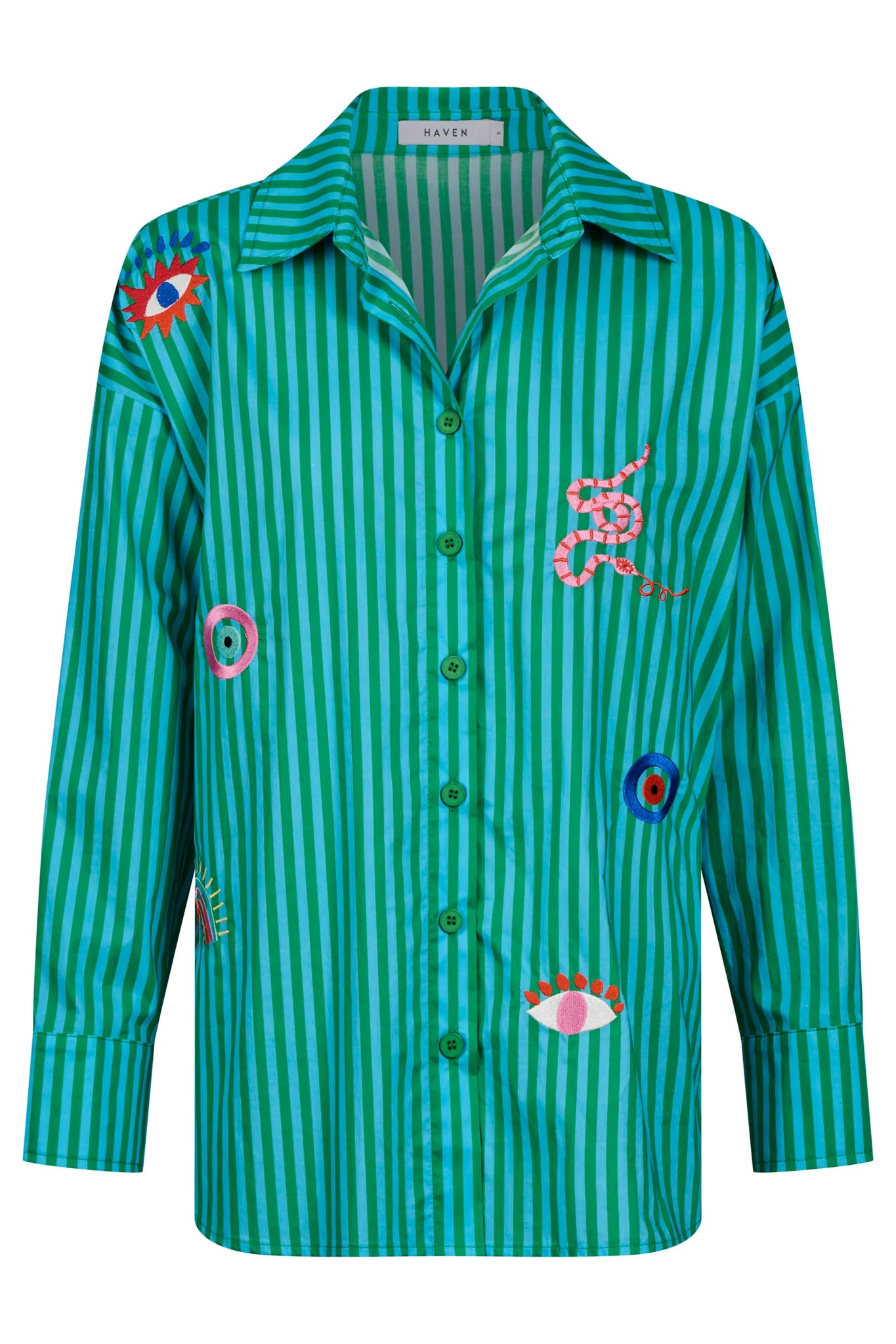 Haven Mykonos Embroidered Stripe Shirt Green