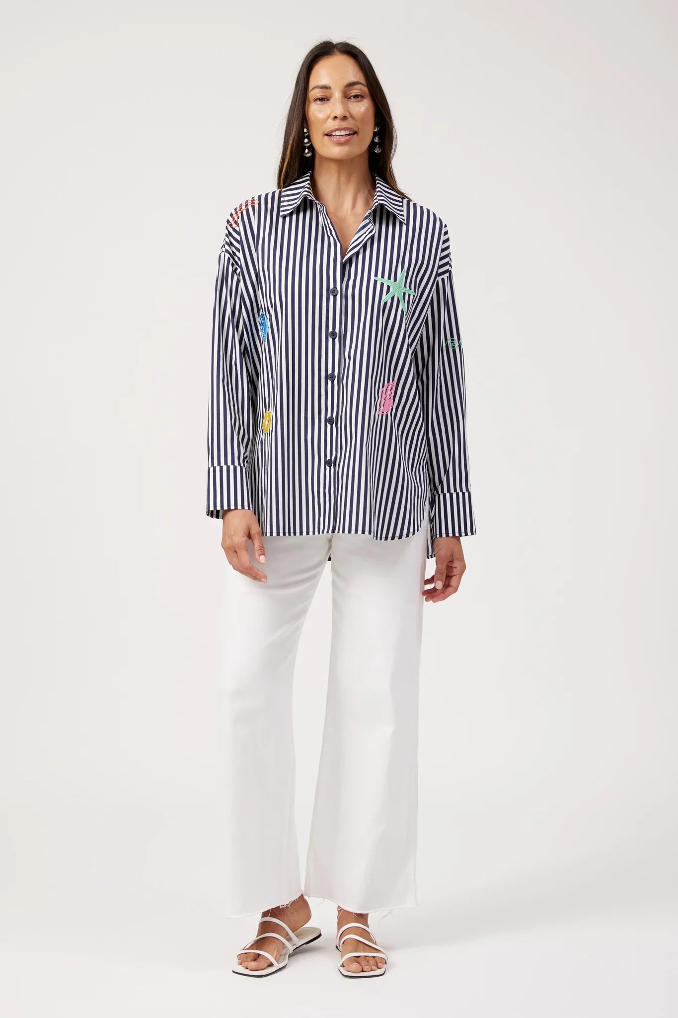 Haven Mykonos Embroidered Stripe Shirt Navy