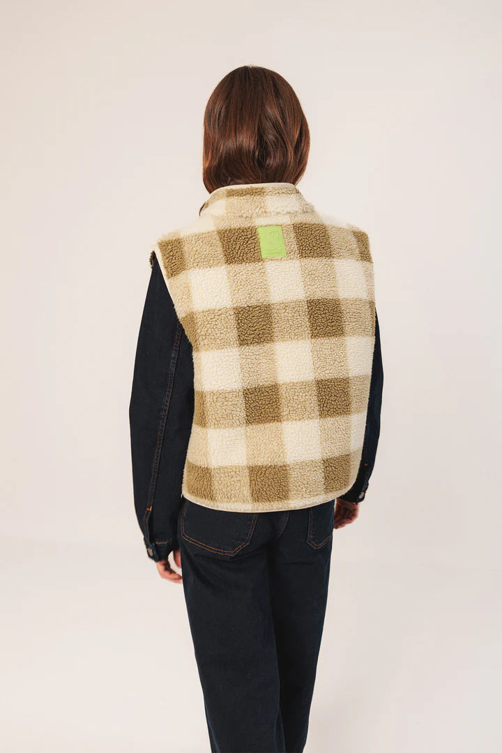 Indi & Cold Plaid Teddy Vest Olive ST640