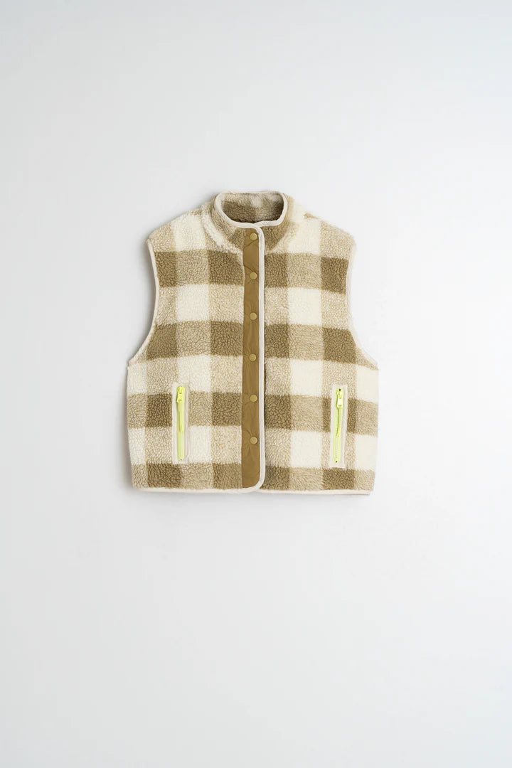Indi & Cold Plaid Teddy Vest Olive ST640