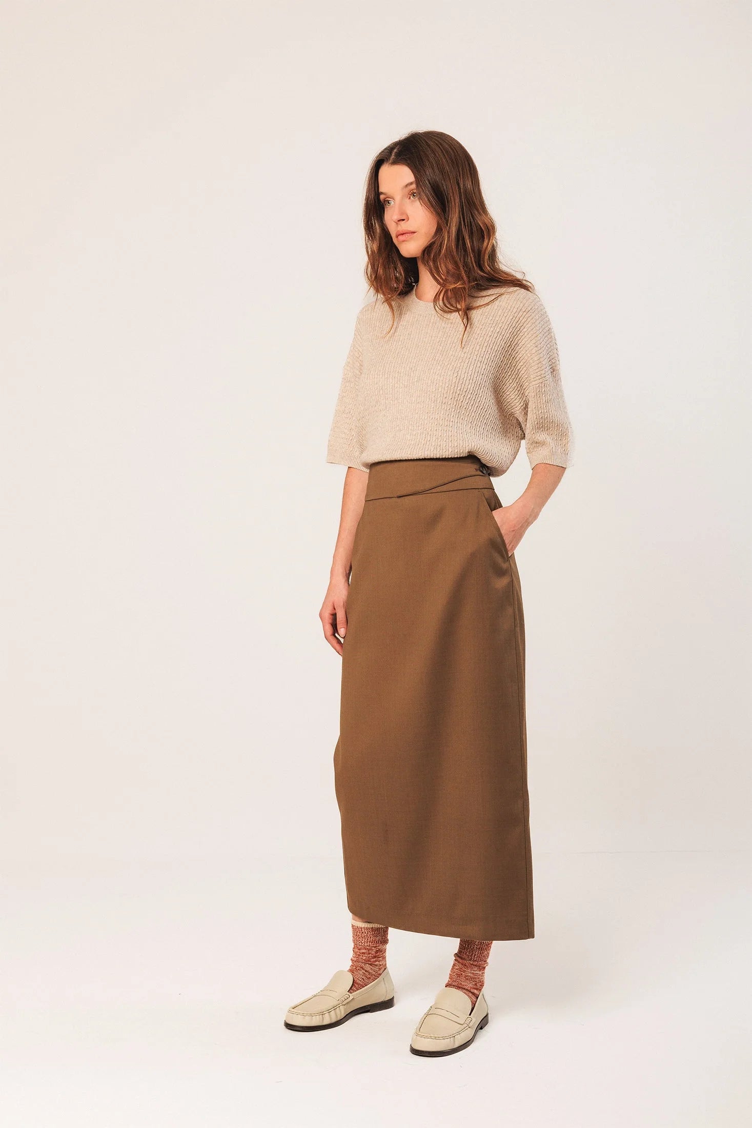 Indi & Cold Ribbed Knit Sweater Beige RD491