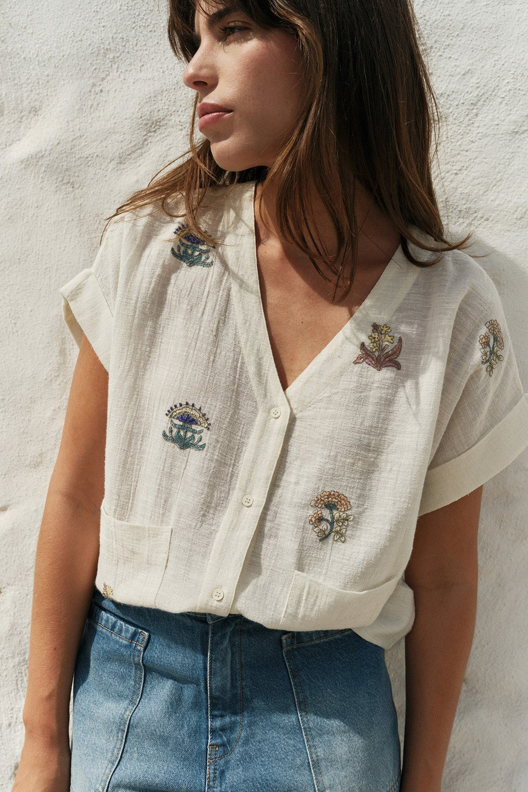 Indi & Cold KI237 Short Sleeve Embroidered Shirt Ecru