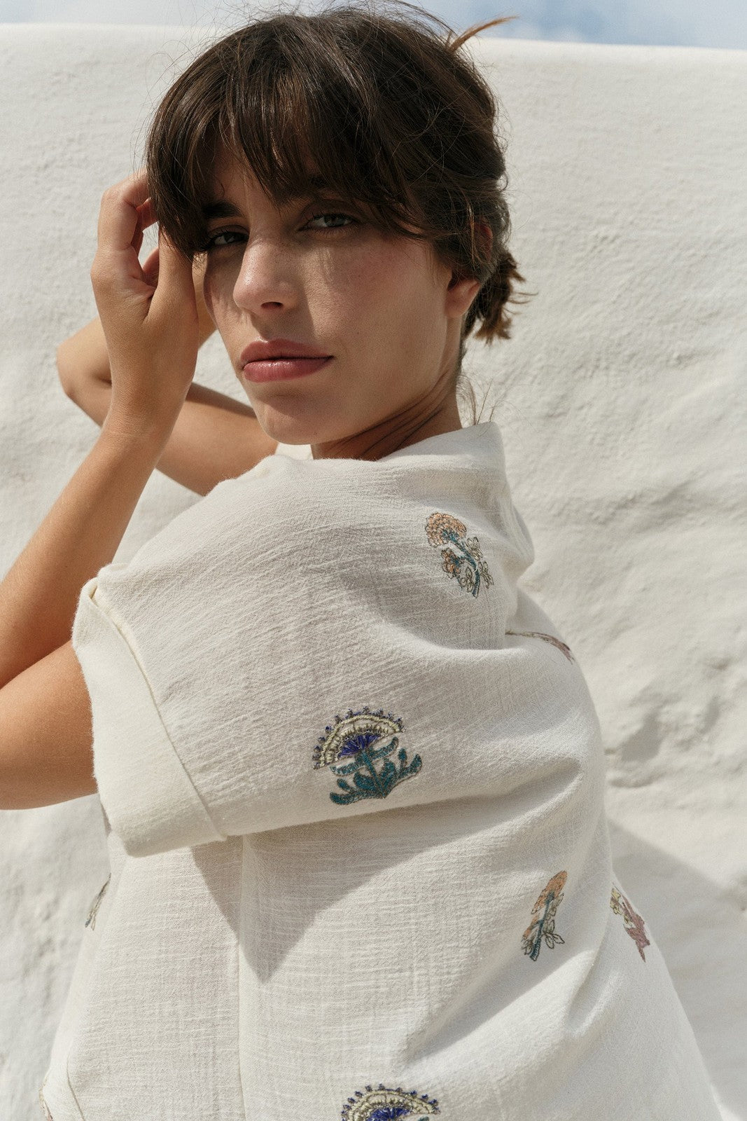 Indi & Cold KI237 Short Sleeve Embroidered Shirt Ecru