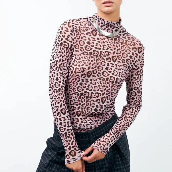 Lollys Laundry Orie High Neck Blouse LS Pink Leopard