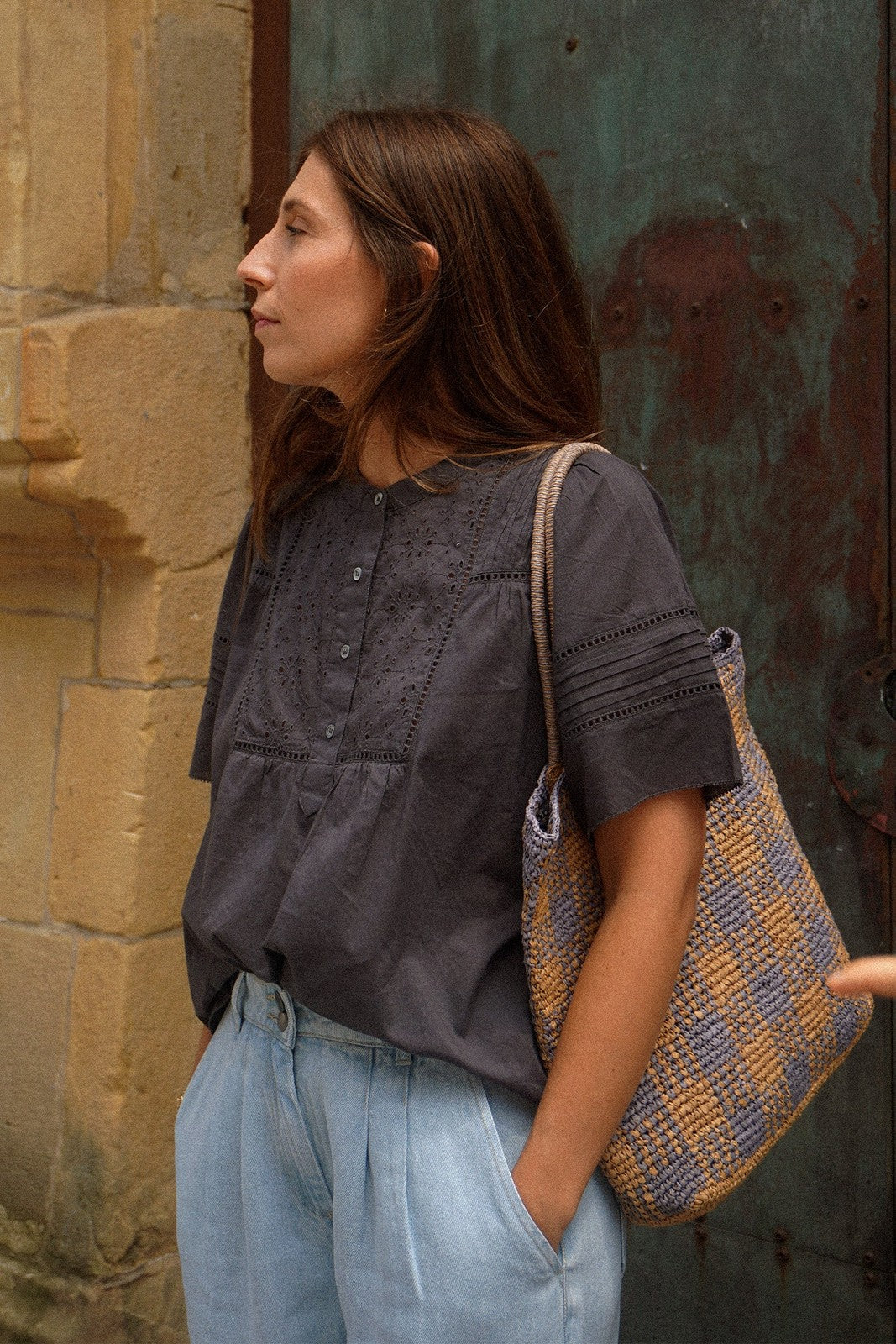 Indi & Cold MC114 Embroidered Voile Blouse Carbon