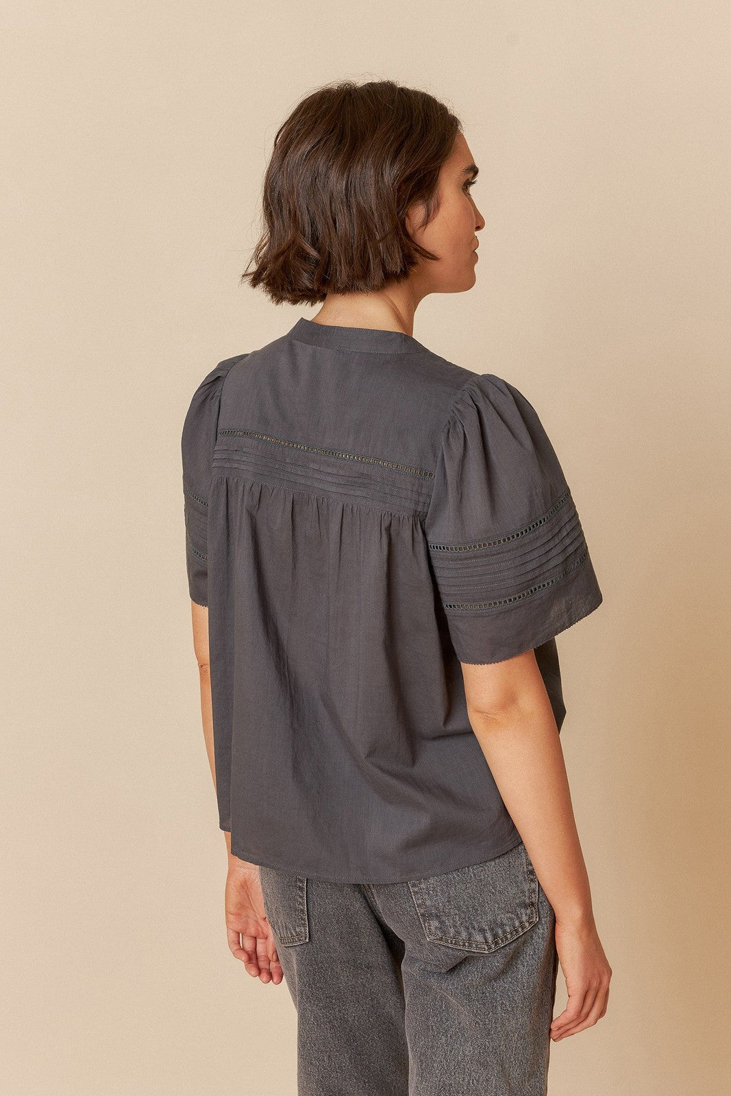 Indi & Cold MC114 Embroidered Voile Blouse Carbon
