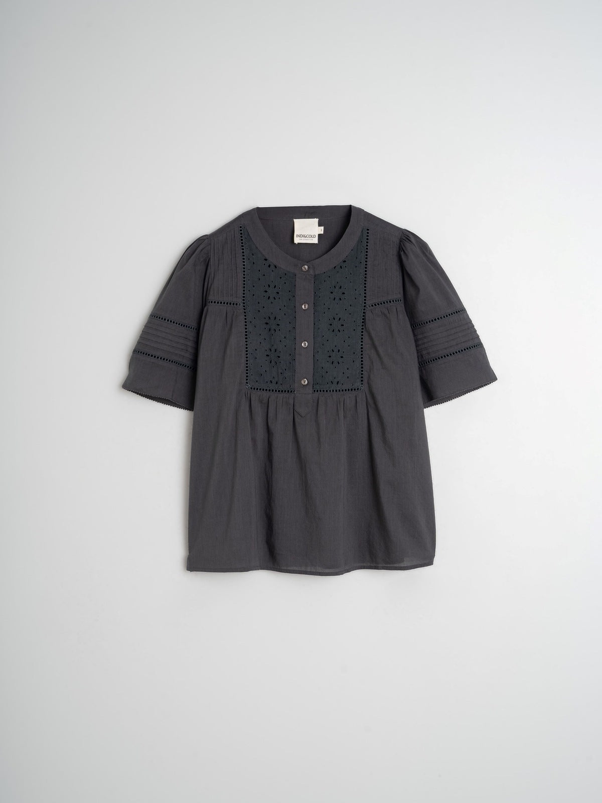 Indi & Cold MC114 Embroidered Voile Blouse Carbon