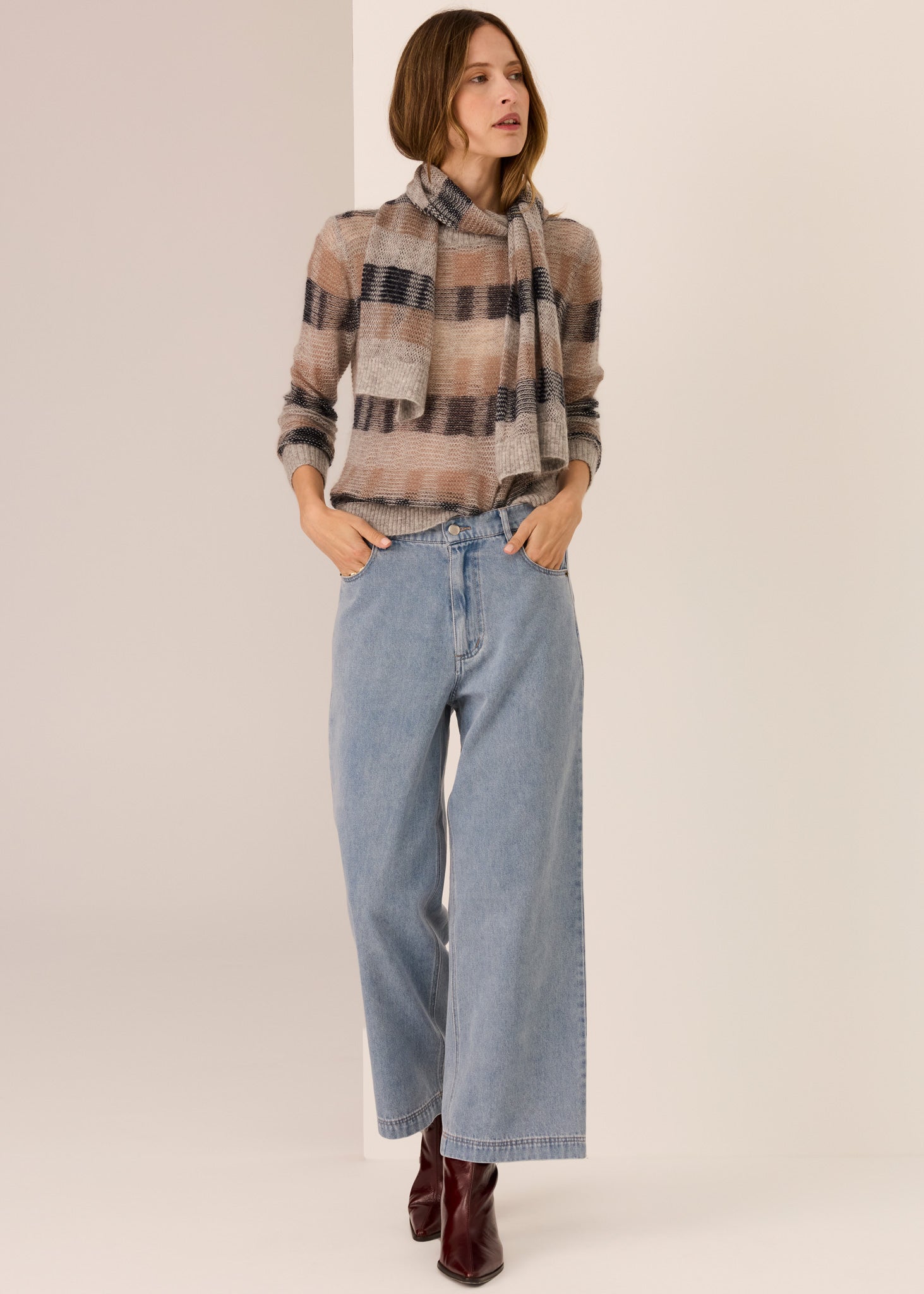 Pol Ciara Stripe Textured Knit Char/Silver/Ivory