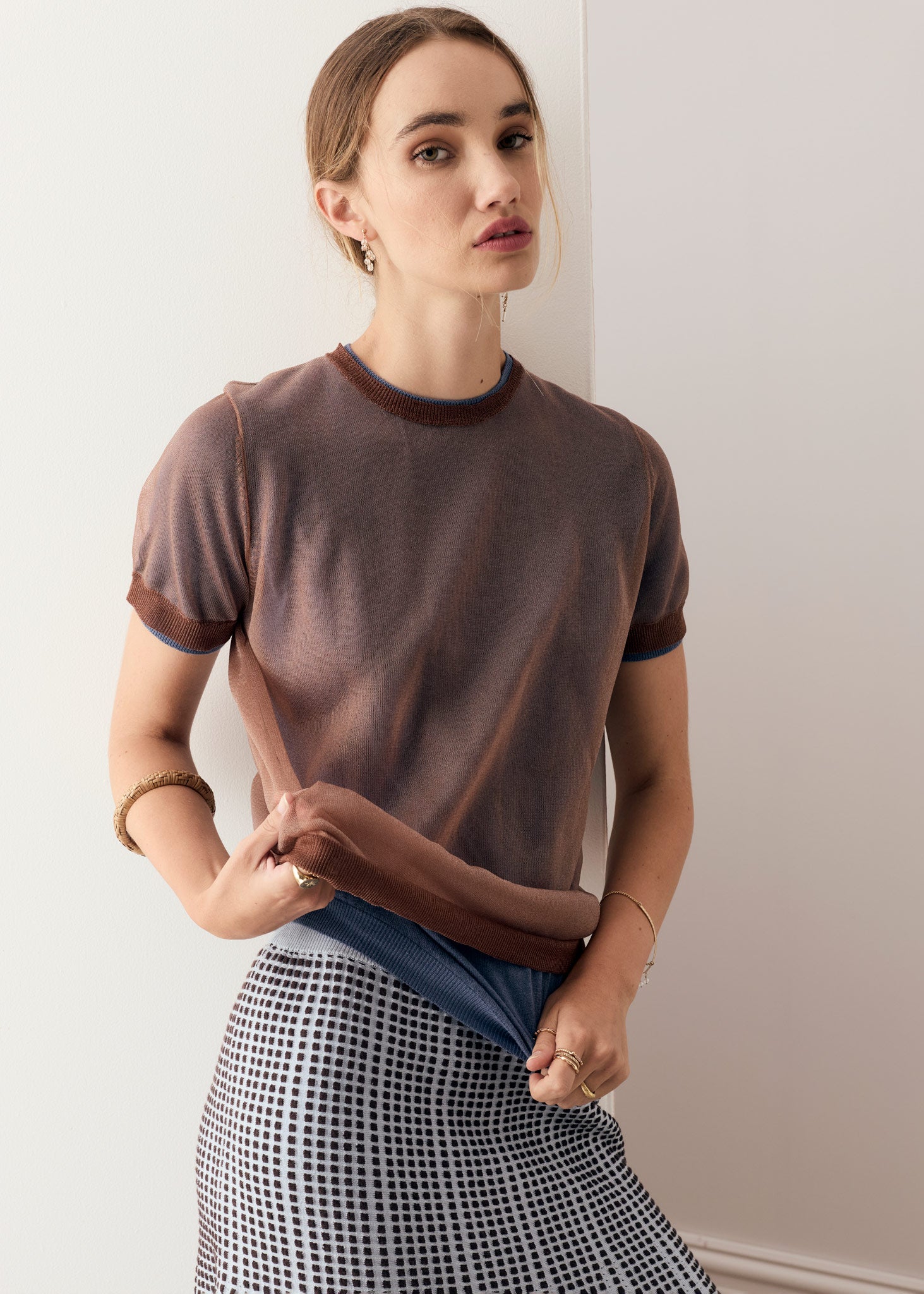 POL Kaspar Layered Tee Choc Blue