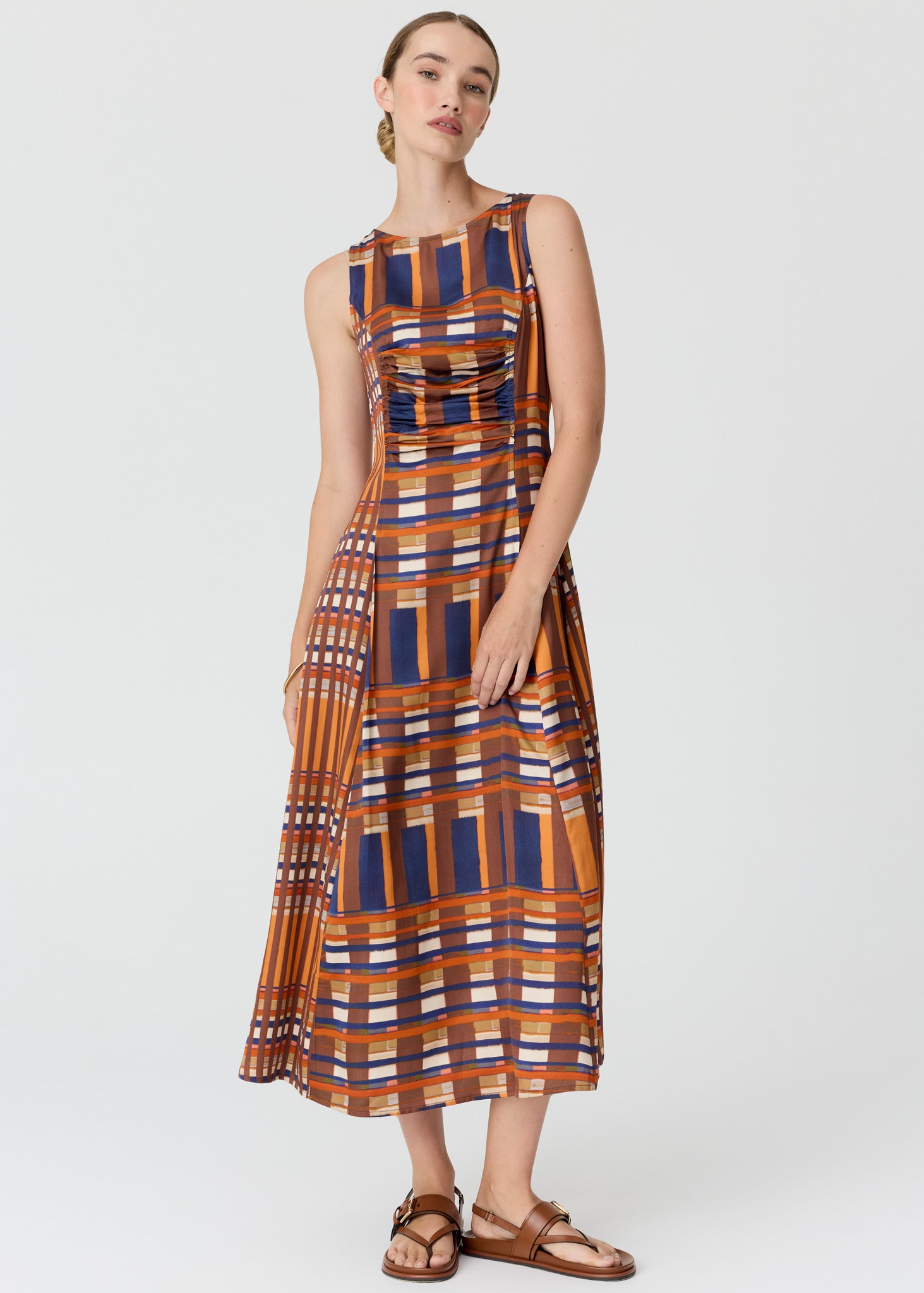 POL Lattice Gathered Dress Amber Check