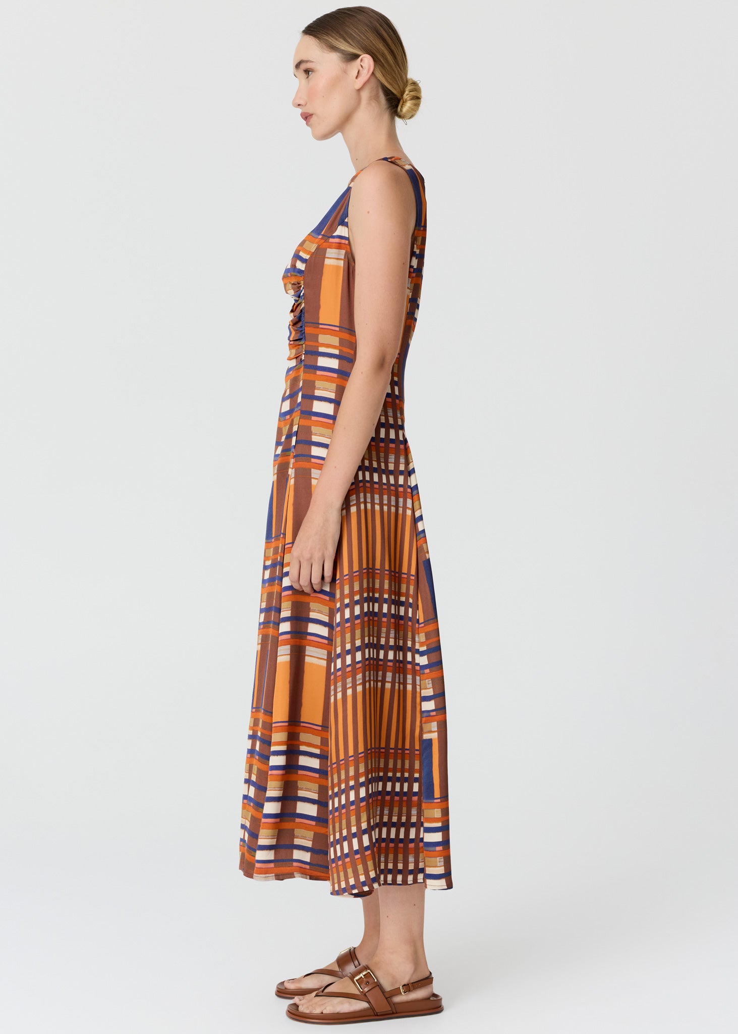 POL Lattice Gathered Dress Amber Check