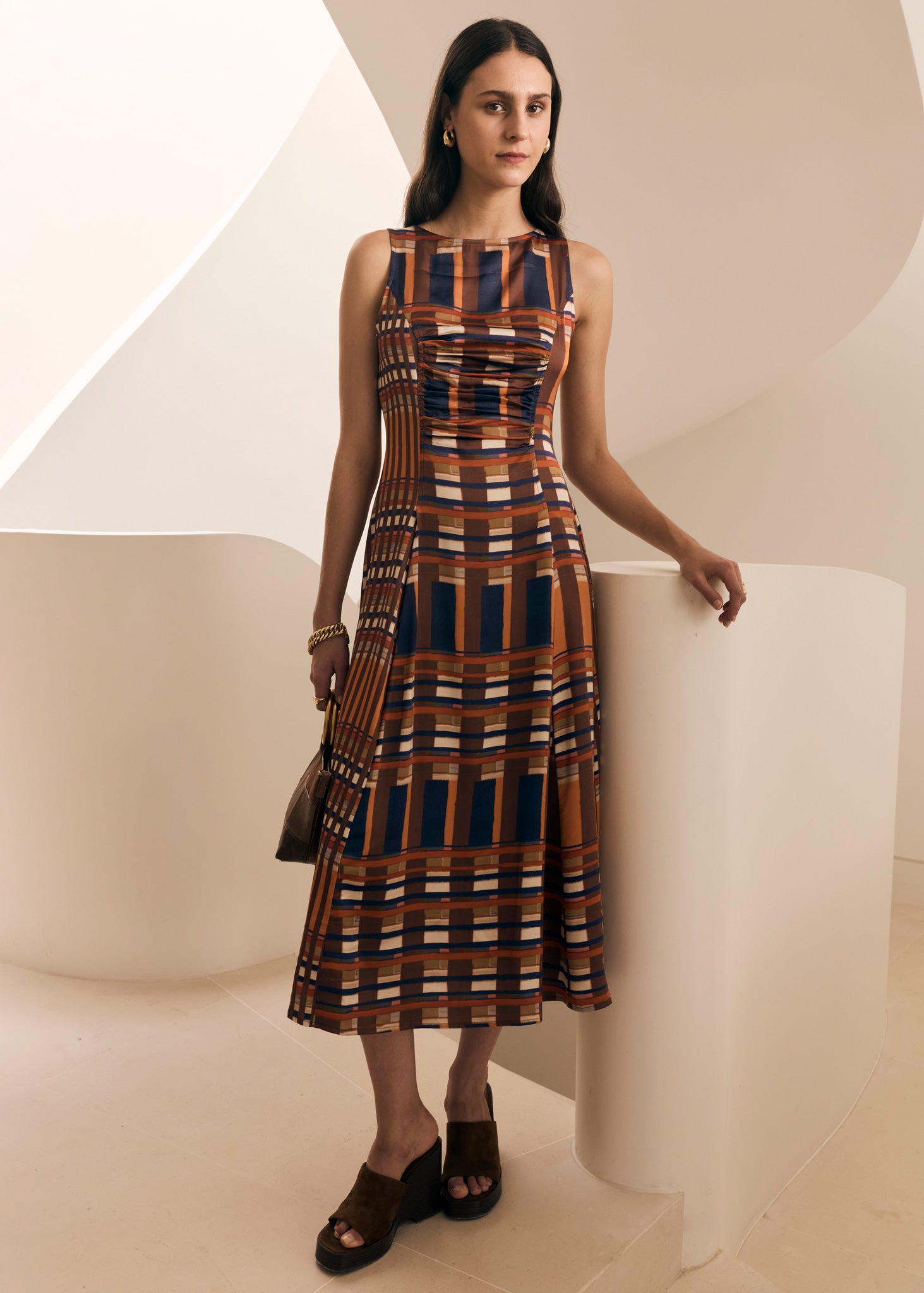 POL Lattice Gathered Dress Amber Check