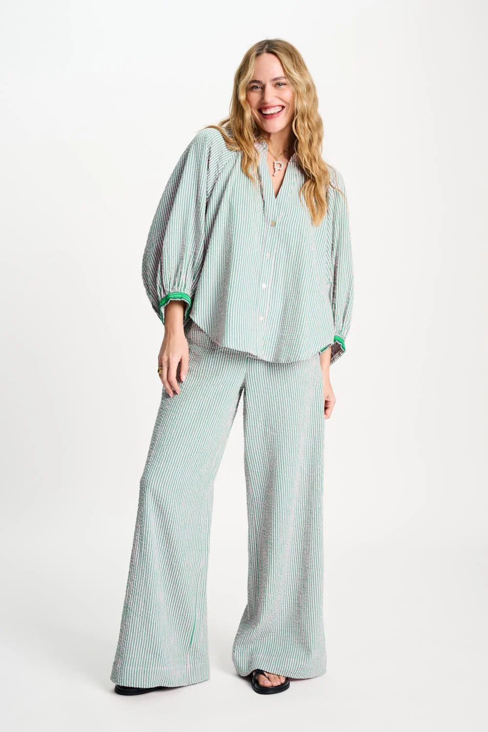 Pom Seersucker Green Pink Blouse