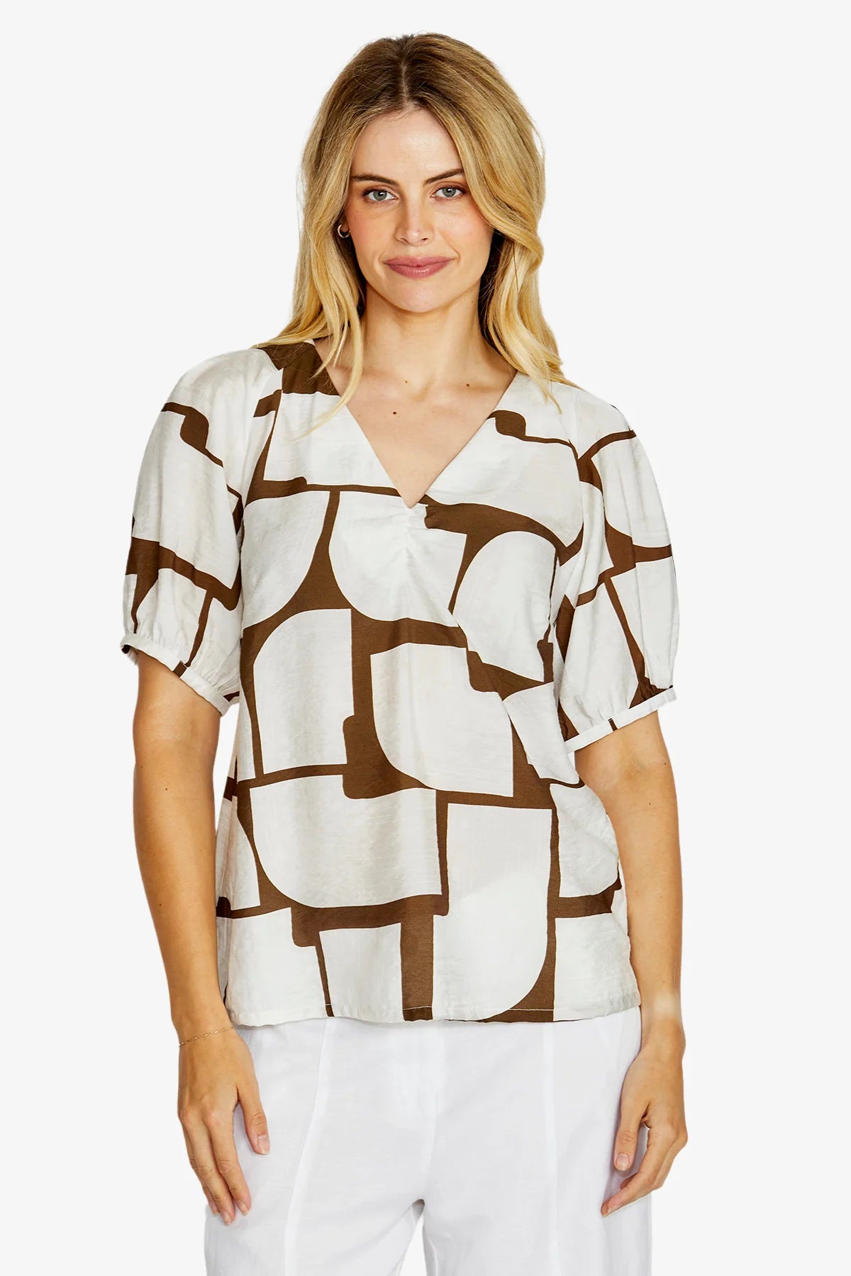 Ping Pong Mira Bubble Sleeve Top Hot Stone