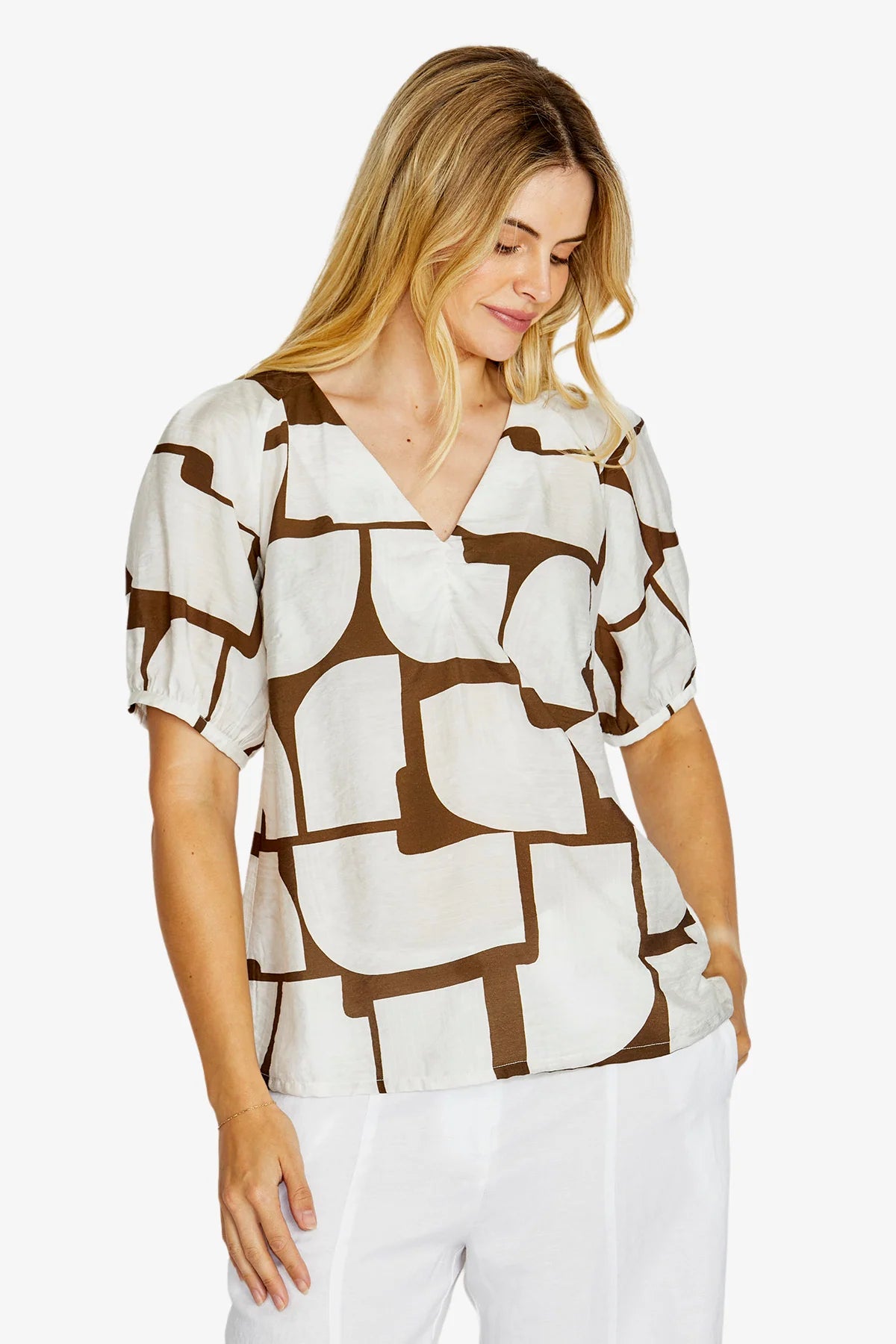 Ping Pong Mira Bubble Sleeve Top Hot Stone