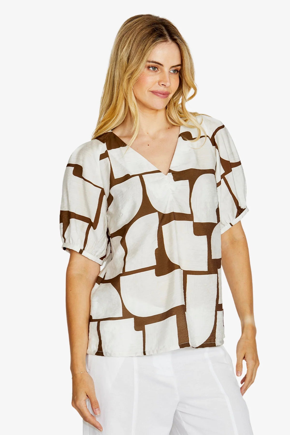Ping Pong Mira Bubble Sleeve Top Hot Stone