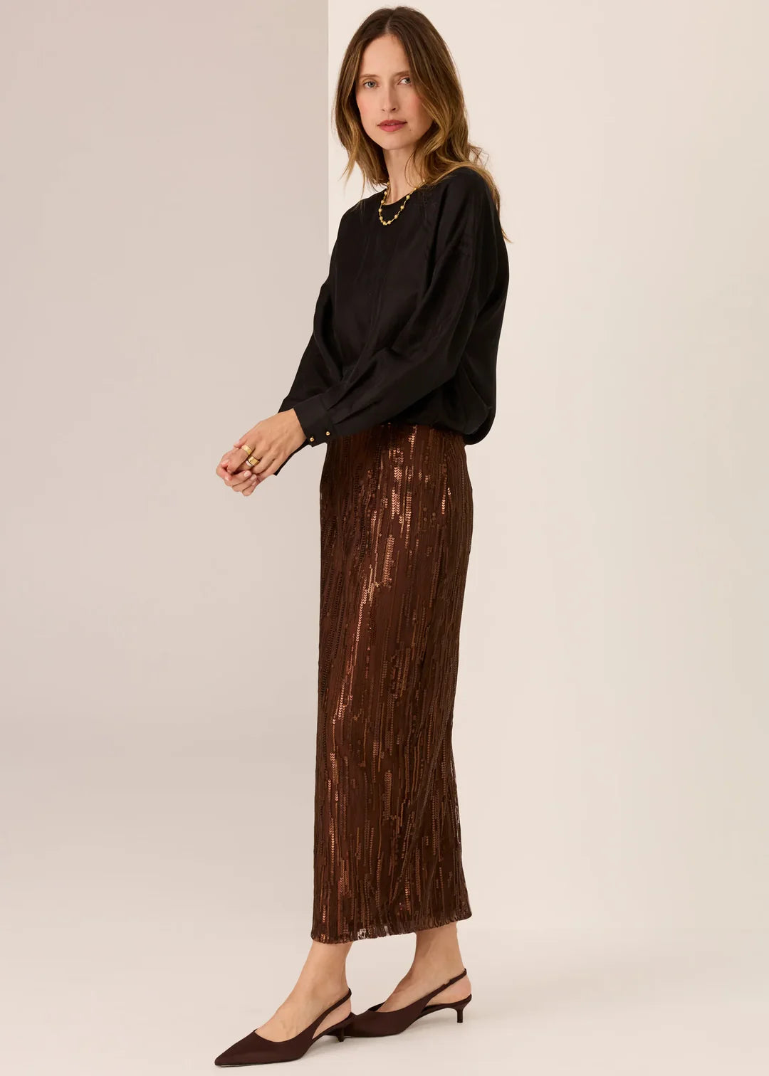 Pol Sequence Beaded Skirt Choc