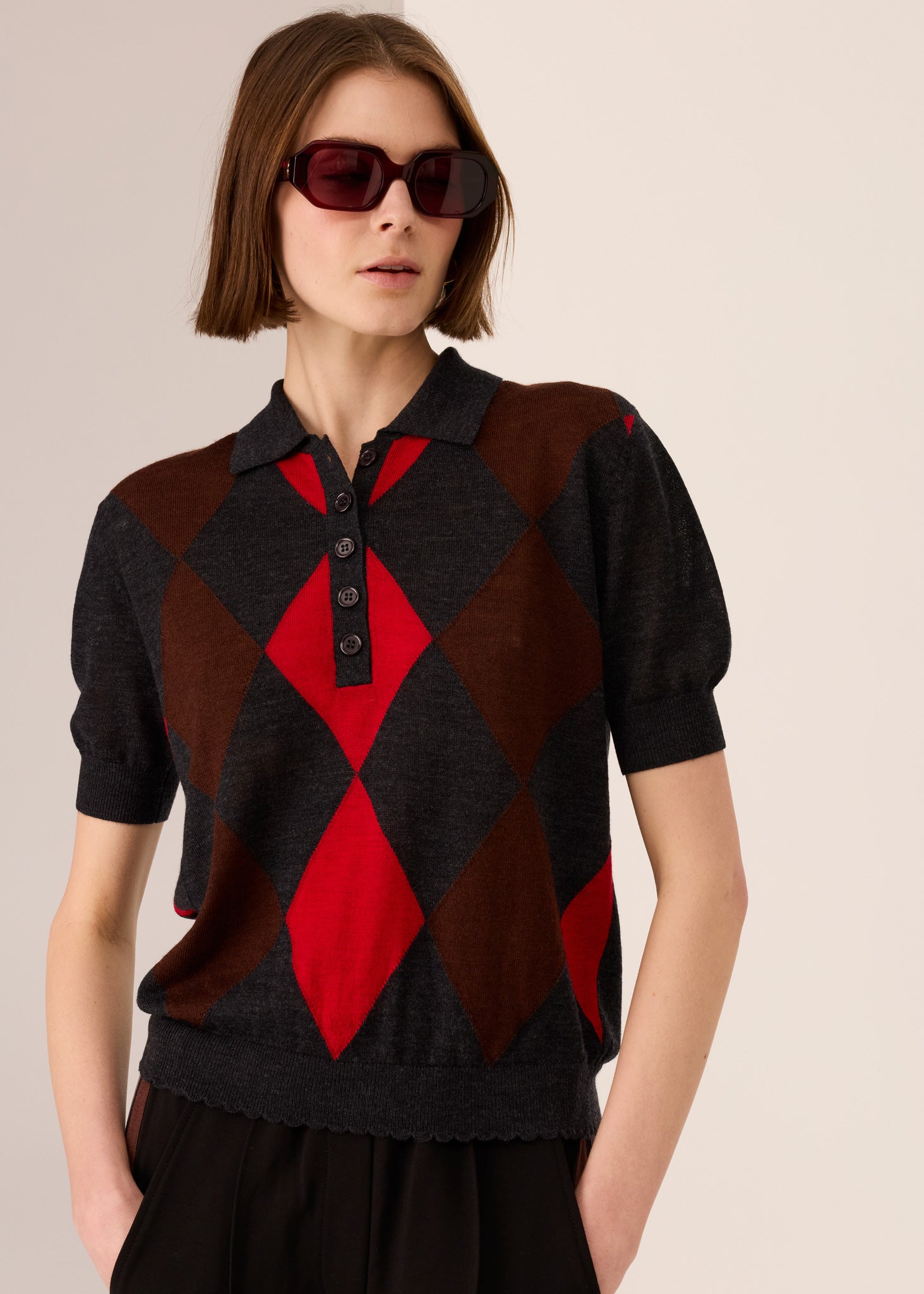 Pol Meira Argyle Knit Tee Char Red Toffee