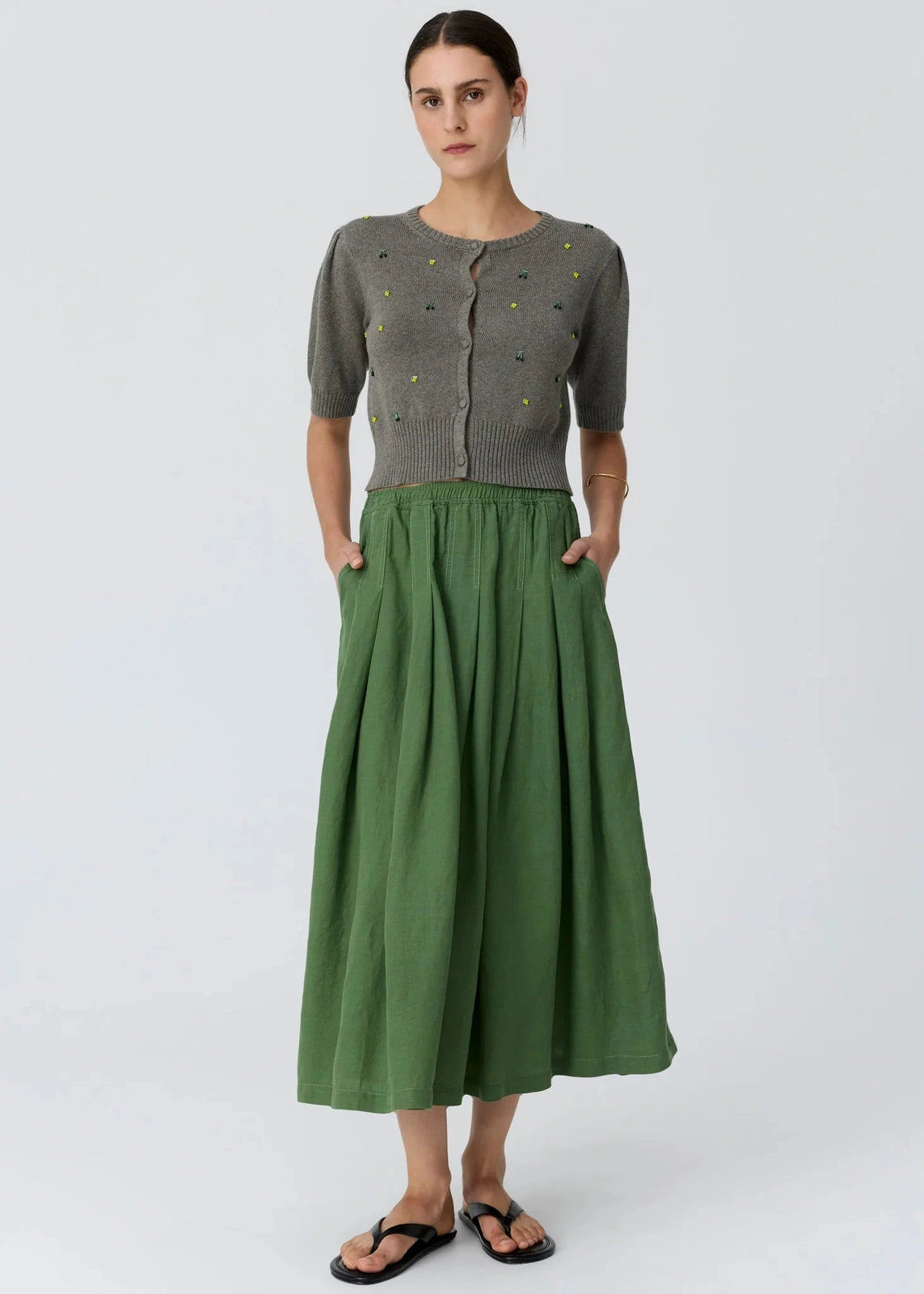 Pol Viloa SS Beaded Cardigan Moss